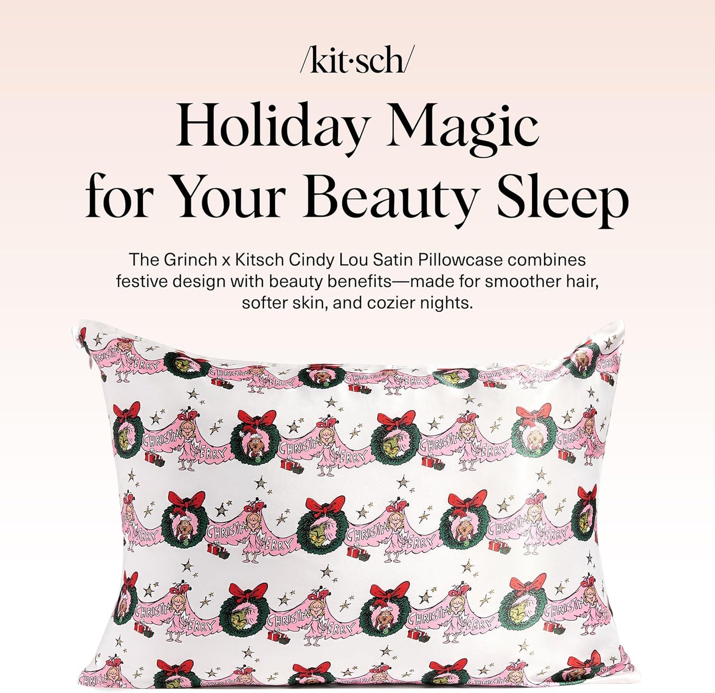The Grinch x Kitsch Satin Pillowcase with Zipper for Hair & Skin - Softer Than Silk Pillow Cases, Smooth Cooling Pillow Cover, Wrinkle-Free, Machine Washable, Queen/Standard (19x26)- Cindy Lou