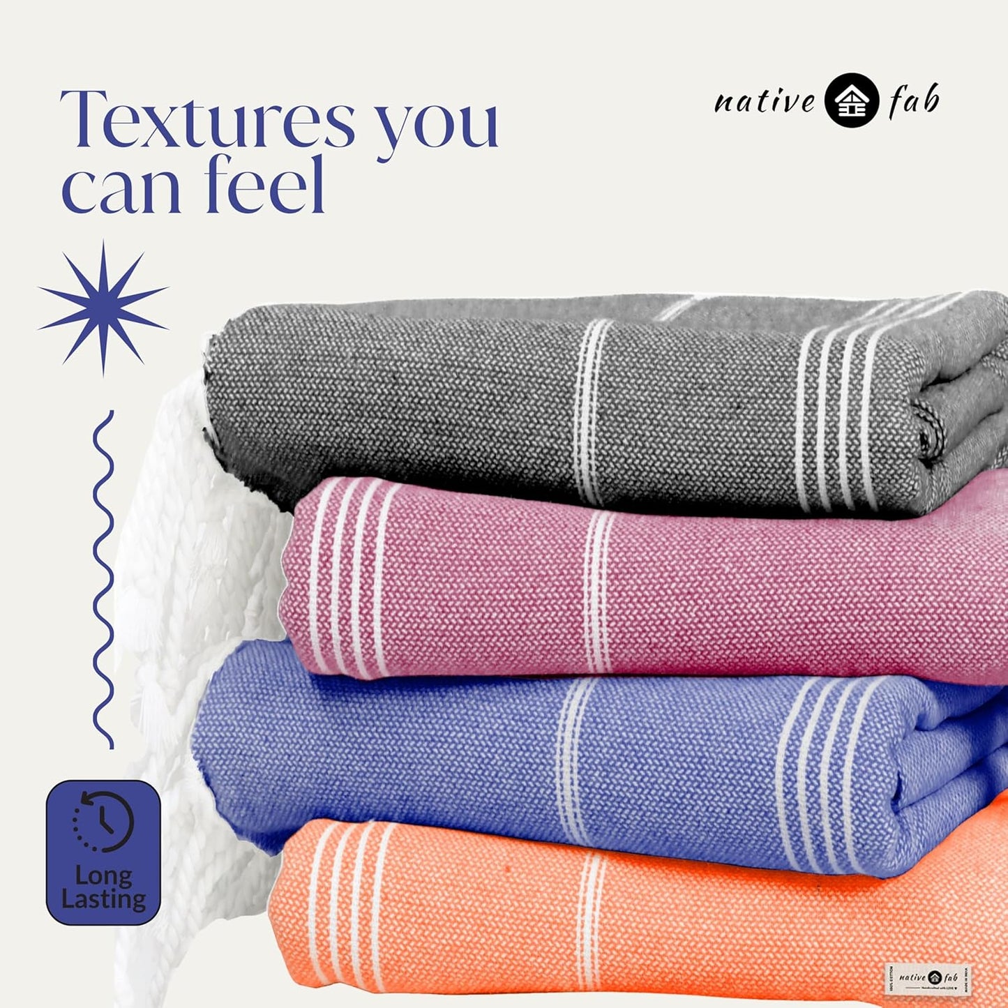 Native Fab Oversized Turkish Beach Towels 4 Pack, Fast Drying, Lightweight, Sand Free, Multipurpose Cotton for Pool, Spa, Travel, Summer - Black, Burgundy, Indigo Blue, Orange