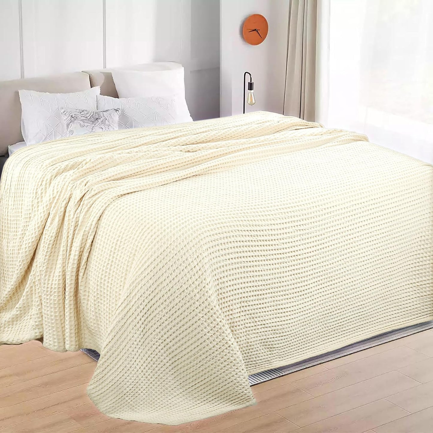 HILLFAIR 100% Cotton Blanket- 120"x120" XXL Oversized King Bed Blankets- Family Size 10 ft x 10 ft Big- Waffle Blankets- All Season Soft Breathable- Extra Large King Cotton Blanket for Bed- Ivory