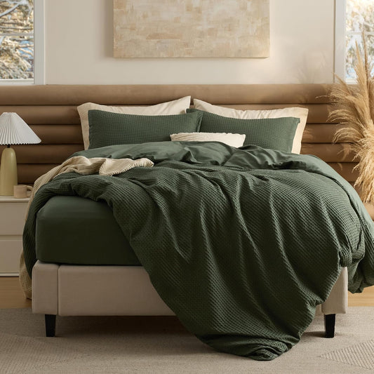 Bedsure 100% Cotton Duvet Cover King Size with Fitted Sheet - 4 Pieces Olive Green Waffle Weave Bedding Set, GentleSoft™ and Breathable, Includes 1 Duvet Cover 104x90, 1 Fitted Sheet, 2 Pillow Shams