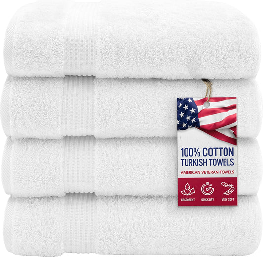 American Veteran Towel, 100% Cotton Turkish Bath Towels for Bathroom 4 Pack, 27x54 Extra Large Premium Soft Drying Bathroom Towels, White