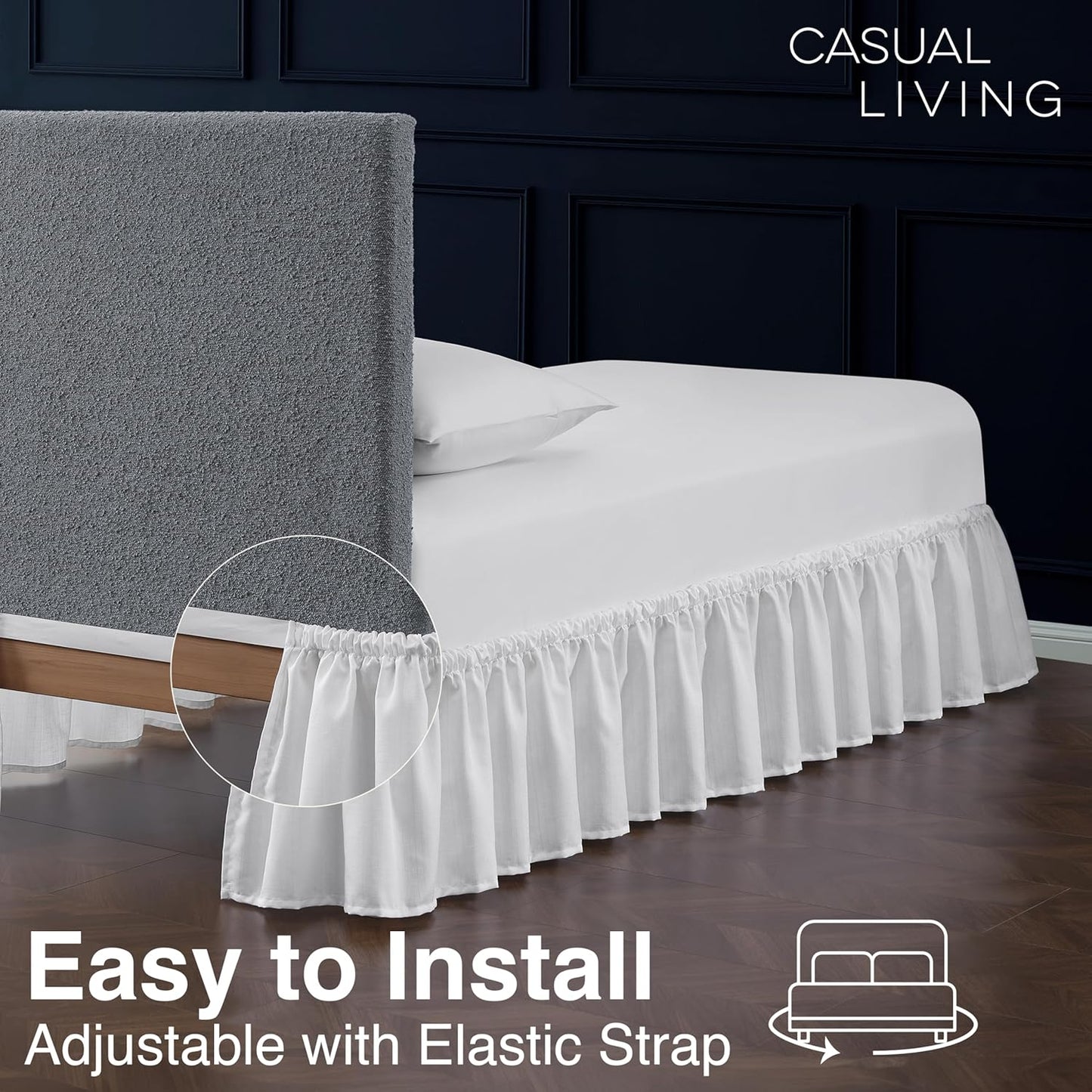 Bed Skirt Twin/Twin XL Bed Skirt Wrap Around Ruffled Box Spring Cover, Easy Install, Washable 15" Drop Elastic Dust Ruffle by Casual Living, 39-inch x 75-inch, White