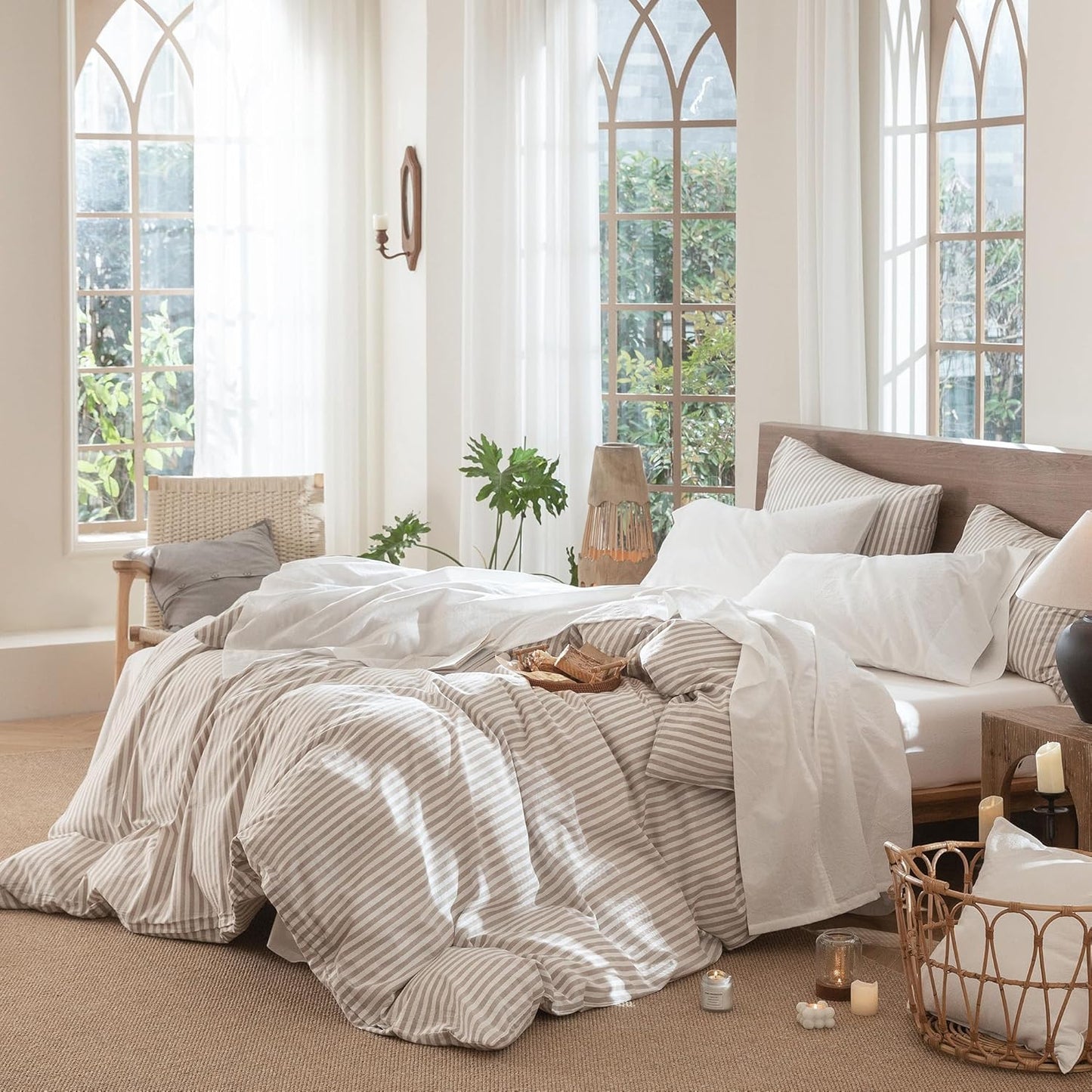 MooMee Bedding Sheet Set 100% Washed Cotton Linen Like Textured Breathable Durable Soft Comfy (Solid Off White, King)