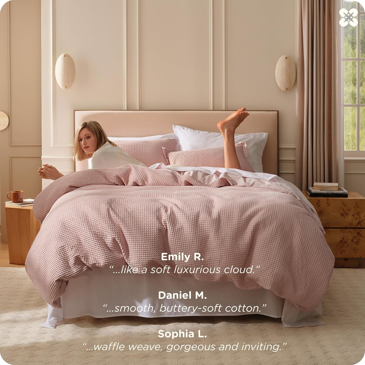 Bedsure Cotton Duvet Cover King - 100% Cotton Waffle Weave Pink Duvet Cover King Size, GentleSoft™ and Breathable Bedding Set for All Season, 3 Pieces, 104"x90"