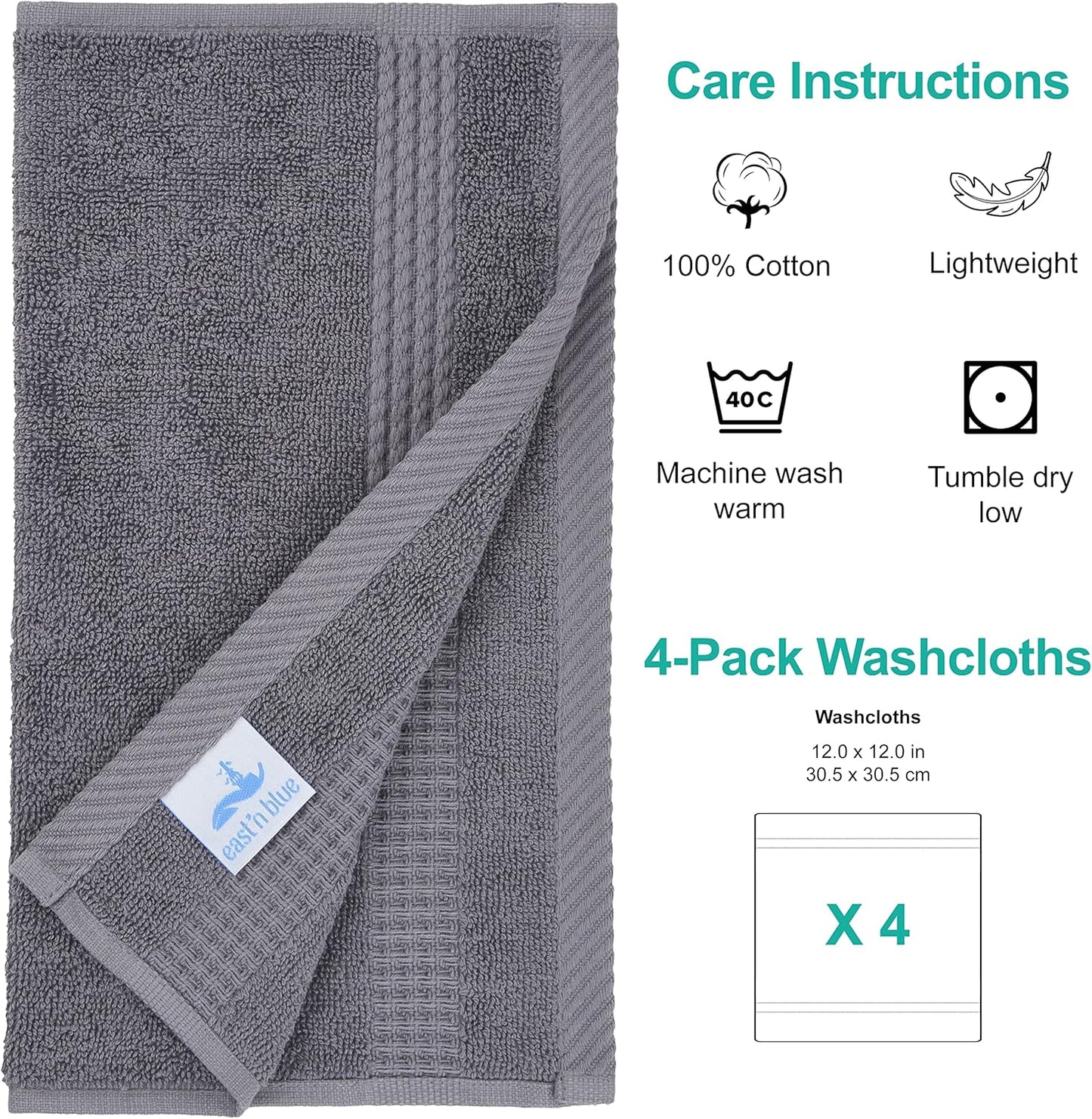 EastNBlue Lara 100% Turkish Cotton Washcloths 4 Pack, Extra Soft & Absorbent Wash Cloths for Face & Body (12" x 12"), Terry Cloth, Small Hand Towels for Bathroom, Dark Grey