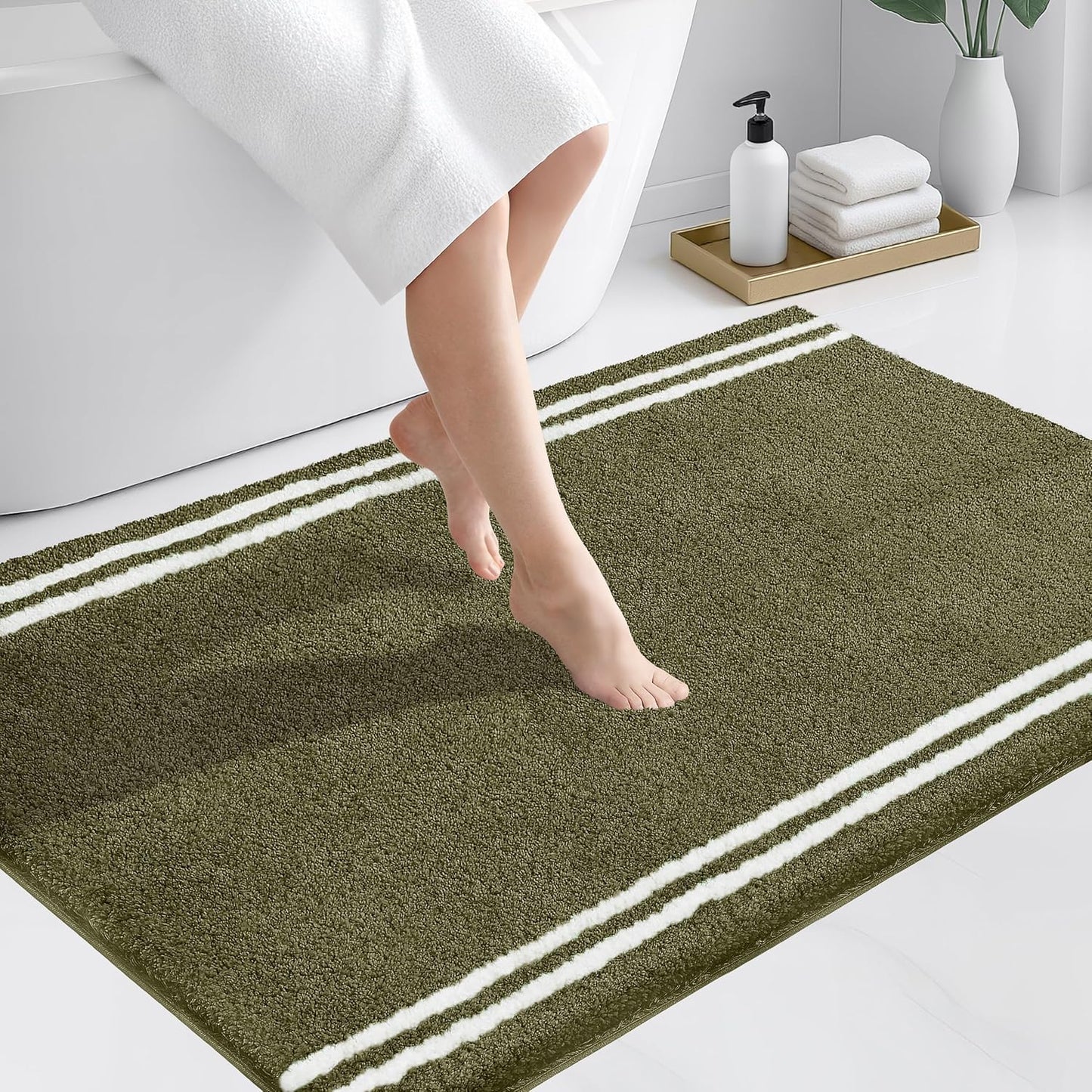 PURRUGS Bathroom Rug Non-Slip Machine Washable 30" x 46", Super Absorbent and Quick Dry Shaggy Microfiber Bath Mat, Extra Soft and Plush Bath Rug for Bathtub, Shower and Sink, Olive Green