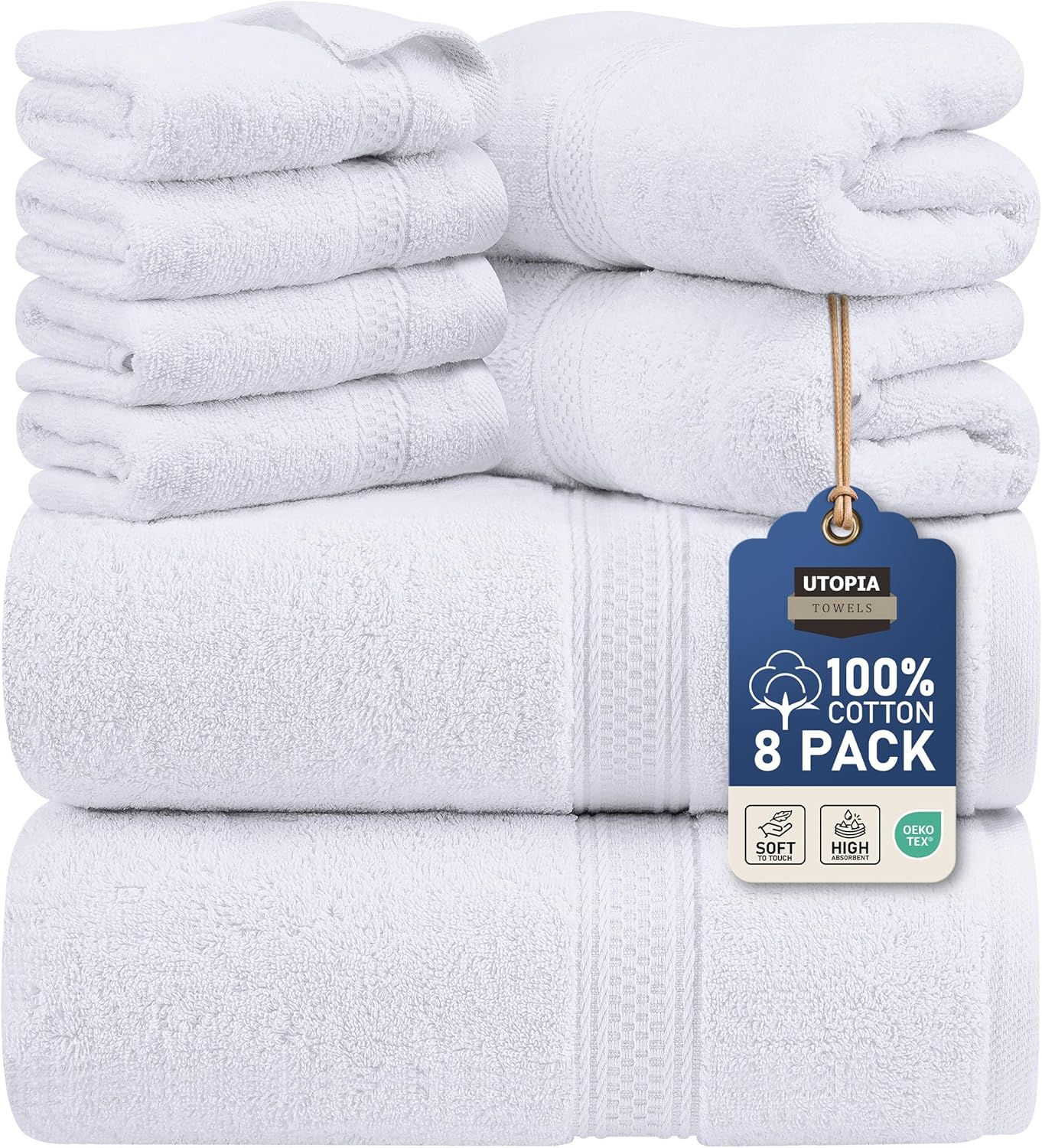 Utopia Towels 8 Piece Premium Towel Set, 2 Bath, 2 Hand, and 4 Wash Cloths, 600 GSM 100% Ring Spun Cotton, Highly Absorbent Towels for Bathroom, Gym, Hotel, and Spa, White