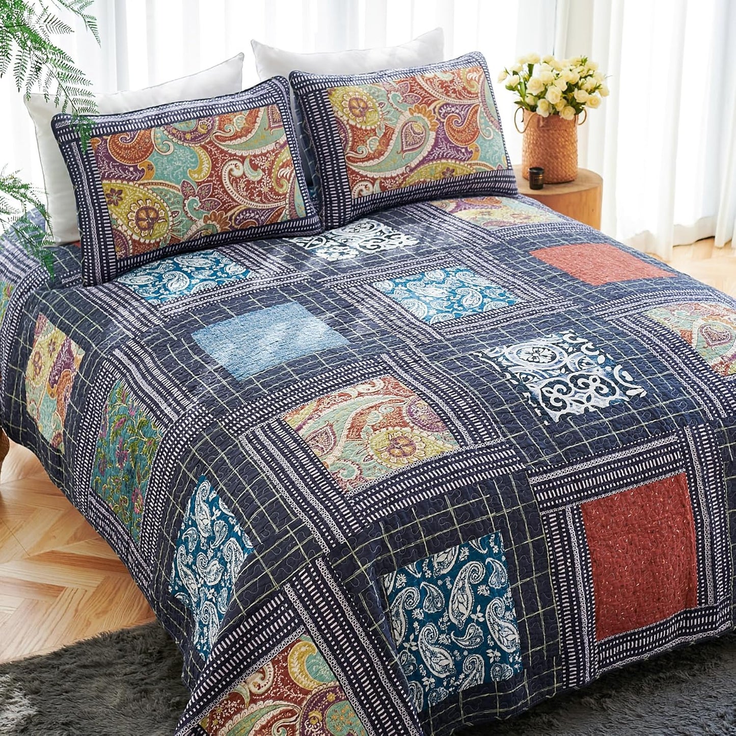 Secgo King Size Comforter Set- 100% Cotton Quilt King Size Set, Black bedspreads (96 * 108 Inch) with 2 Pillow Shams, Patchwork Reversible Lightweight Bedding