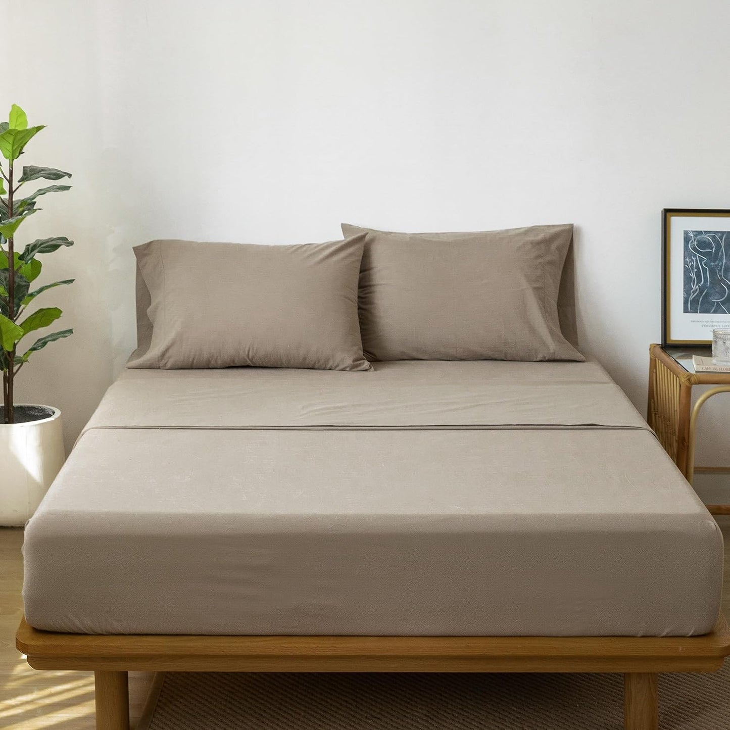 MooMee Bedding Sheet Set 100% Washed Cotton Linen Like Textured Breathable Durable Soft Comfy (Solid Mocha Brown, Full)