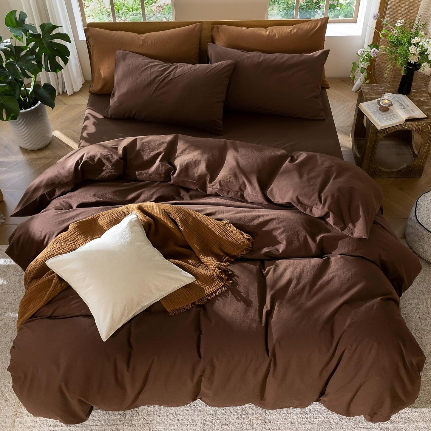MooMee Bedding Duvet Cover Set 100% Washed Cotton Linen Like Textured Breathable Durable Soft Comfy (Solid Cocoa Brown, Super Queen 90"x98")