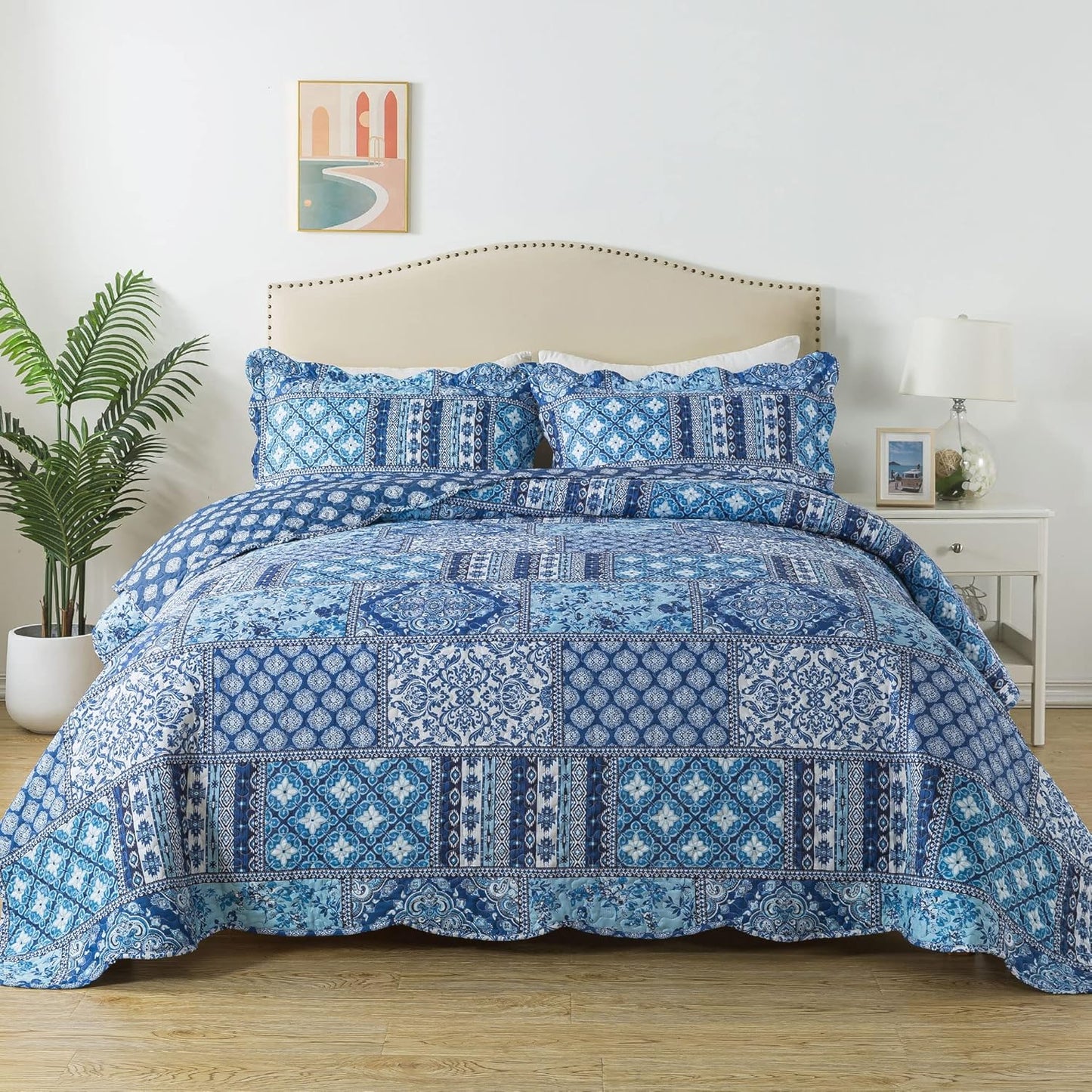 HoneiLife King Quilt Bedding Set - 3 Pieces Rustic Quilt Sets Microfiber Bedspreads Floral Coverlets Retro Bed Cover All Season Quilts-Blue