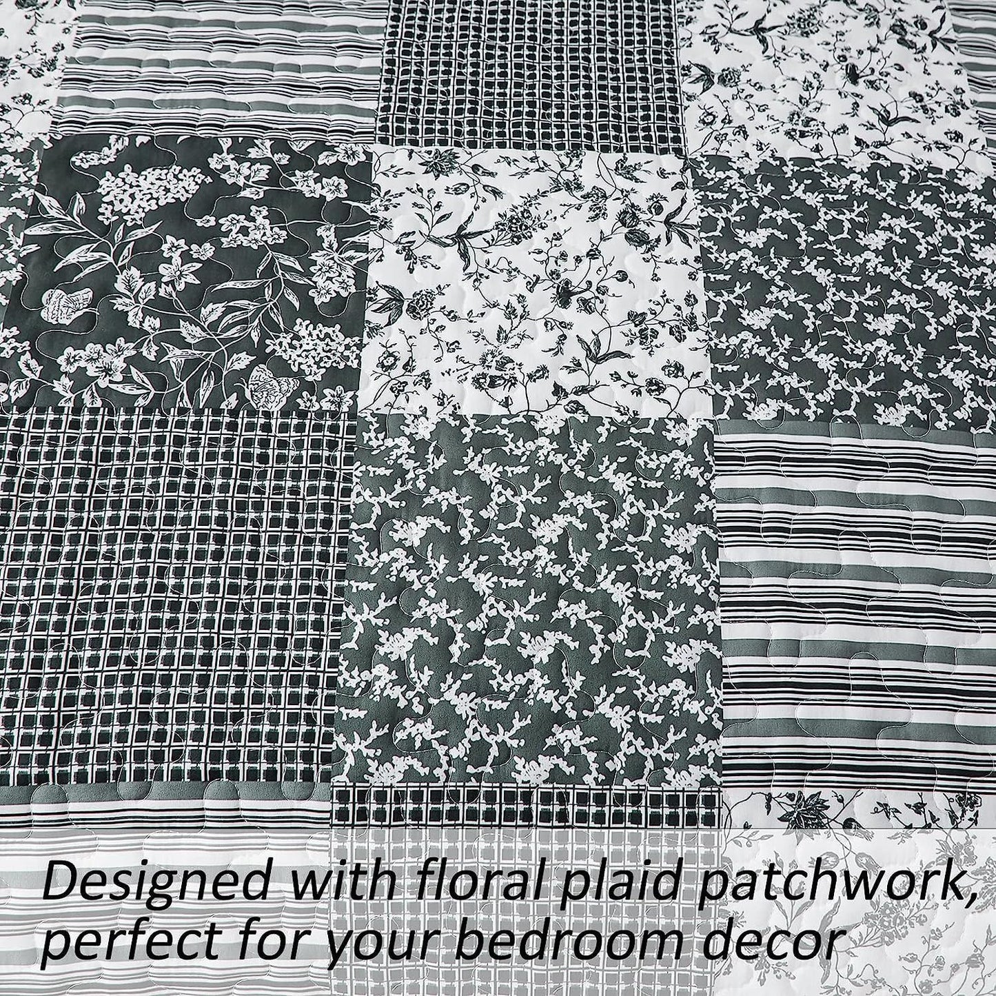 Mybedsoul Black Grey Boho Quilt Set California King Size,3 Pieces Plaid Floral Bedspread Coverlet Set for All Season,Patchwork Reversible Bedding Set 106"x 96"