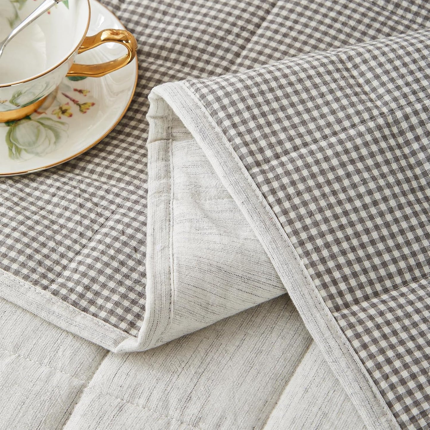 Quilts Queen Size，White Cotton Linen Bedspreads Queen Size，3-Pieces Queen Quilt Set with Grey Gingham Bedding Coverlet with 2 Pillow Shams