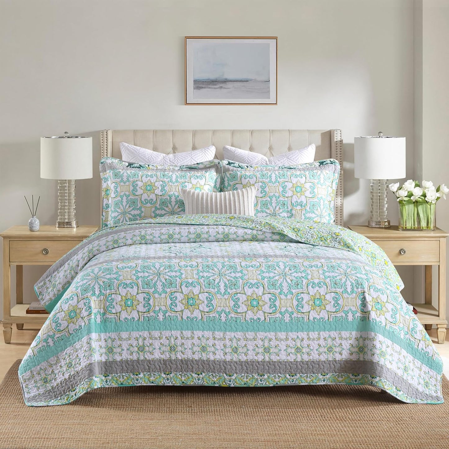 Homzard Sage Green Quilt King Size, Green Floral Quilt King，Cotton Comforter Set (106 * 98 Inches)