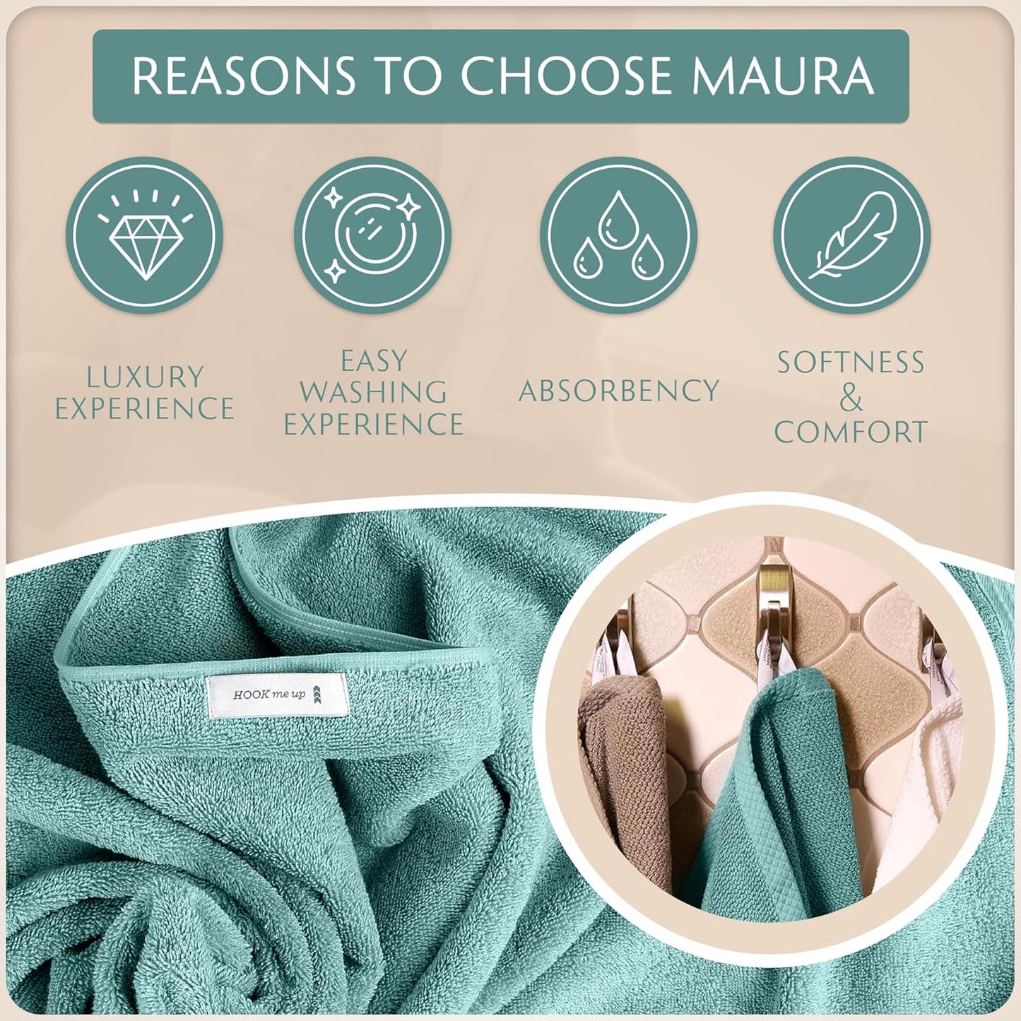 MAURA Basics Turkish Cotton Washcloth Towel Set High Performance Bathroom Essentials with Hanging Loops, Standard Size 13”x13”, Ideal for Daily Comfort, Seafoam