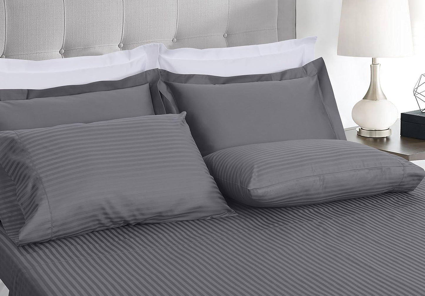 Threadmill 100% Cotton Sheets for Twin Size Bed - 600 Thread Count Twin Bed Sheets Set with 15” Deep Pocket - Damask Stripe Sateen Weave 3-Piece Bedding Set with Cooling Effect, Dark Grey