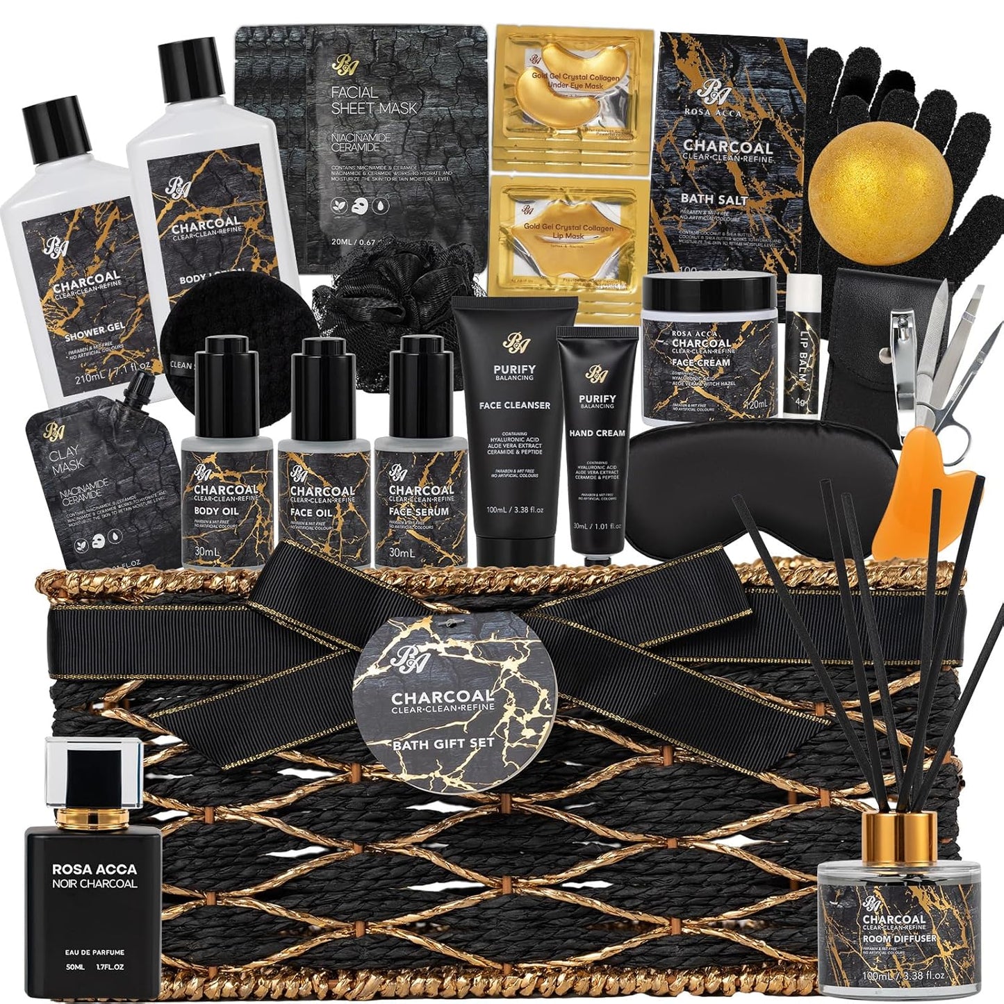 35 Pcs Christmas Gifts for Women & Men, Charcoal Bath & Body Gift Basket, Face Skin Care Kit, Self-Care Gift, Diffuser, Shower Gel, Massage Oil, Bath Bomb, Birthday, Valentines, Mother Day, Husband