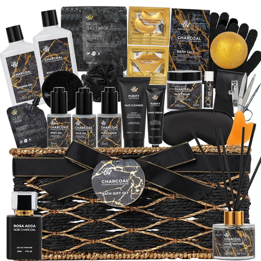 35 Pcs Christmas Gifts for Women & Men, Charcoal Bath & Body Gift Basket, Face Skin Care Kit, Self-Care Gift, Diffuser, Shower Gel, Massage Oil, Bath Bomb, Birthday, Valentines, Mother Day, Husband