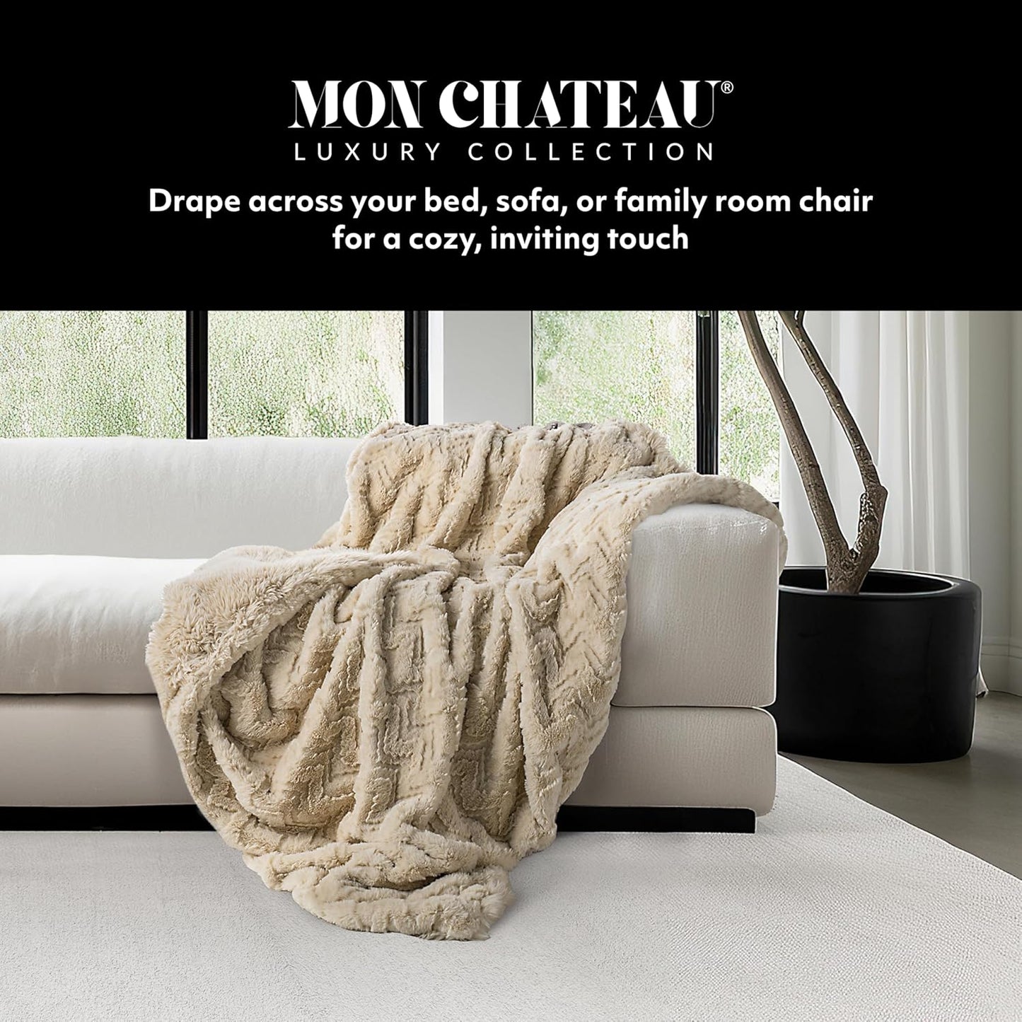 Mon Chateau 60" x 70" Crest Faux Fur Throw, Plush Luxury Blanket for Couch, Sofa, or Bed, Soft Reversible Throw Blanket for Sleeping, Home & Room Decor, Sandstone Jacquard
