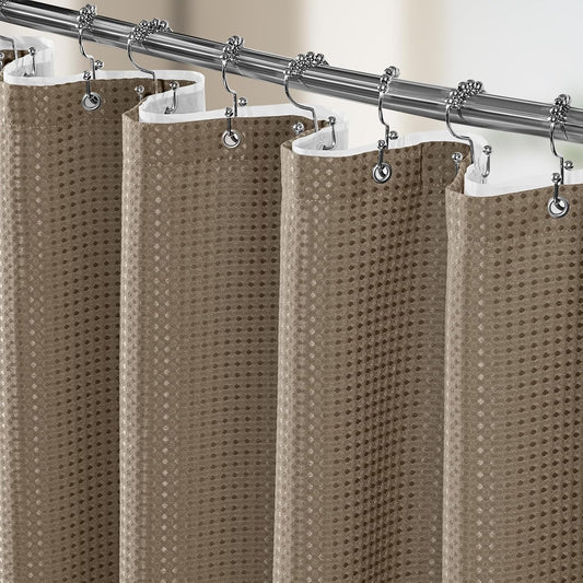 3 in 1 Shower Curtain Set, Waffle Shower Curtain and Liner Set with 12 Double Sided Shower Curtain Hooks, 258GSM Luxury Weighted Cloth Shower Curtains for Bathroom, 72 W x 84 H, Beige