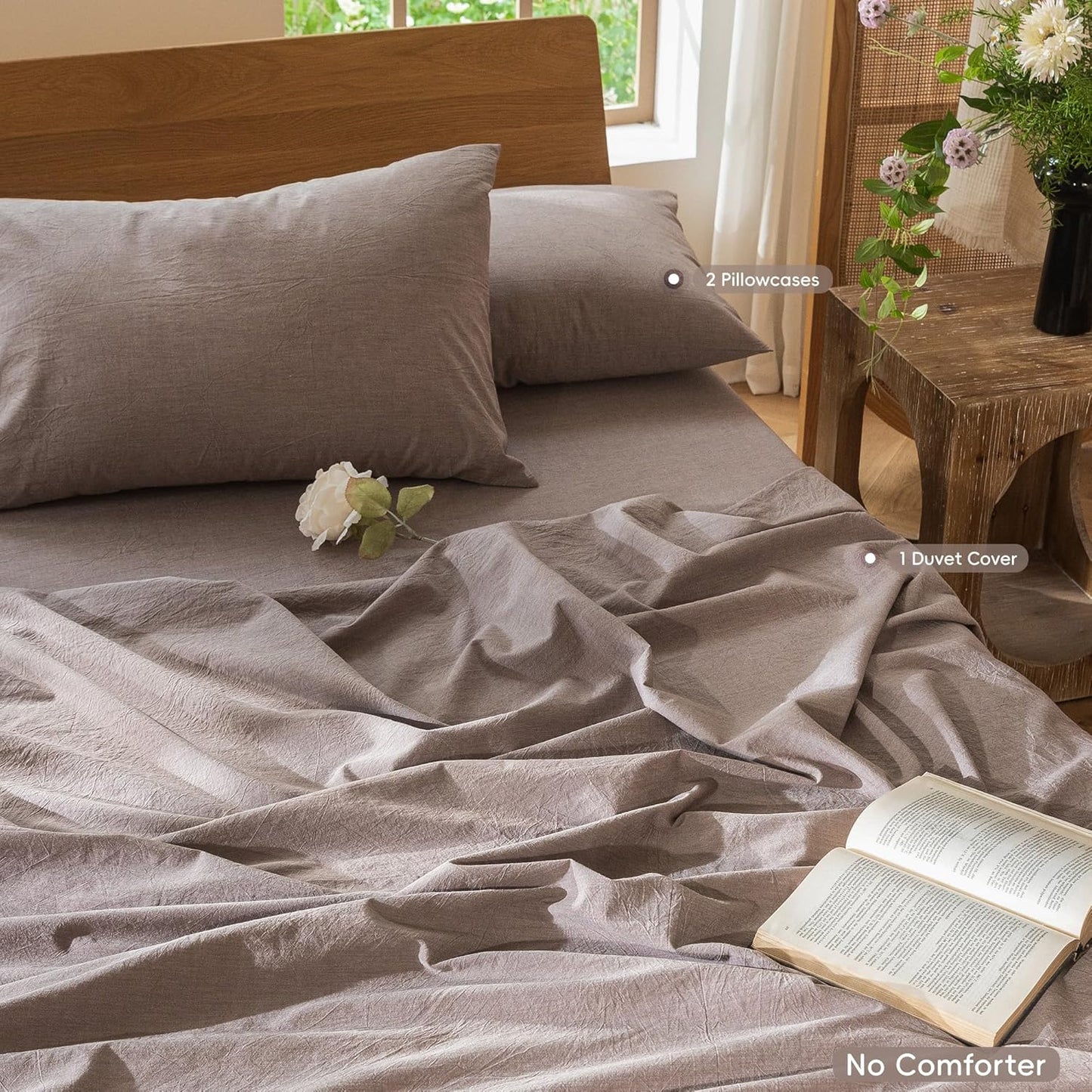 MooMee Bedding Duvet Cover Set 100% Washed Cotton Linen Like Textured Breathable Durable Soft Comfy (Heathered Mauve Brown, Oversized King Plus 128"x120")