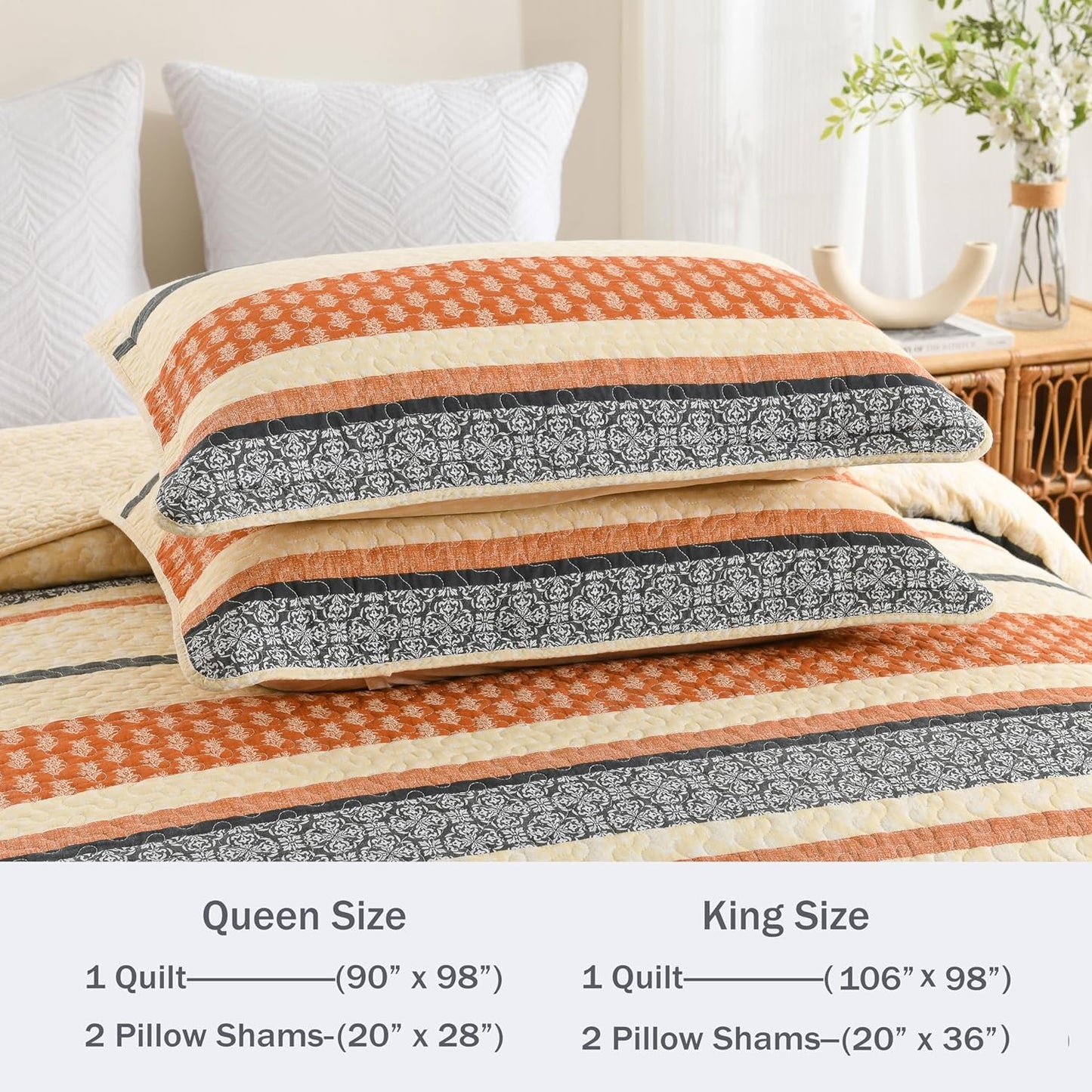 Homzard Quilt King Size, Cotton Orange Gray Black Striped Quilt Bedding Set,Floral Comforter Set King Size,Fall Lightweight Bedspread with Shams,3 Piece All Season