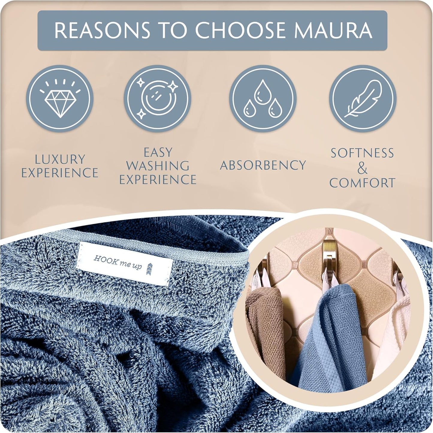 MAURA Basics Bath Towel Sets for Bathroom with Hanging Hook Loops. 2 Bath Towels, 2 Hand Towels, 2 Washcloths, Soft, Durable, Long Lasting and Absorbent Towels Set, Blue Gray