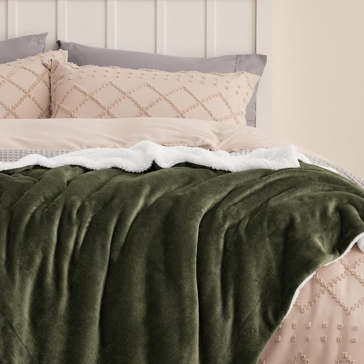 Bedsure GentleSoft Sherpa Fleece Blankets Queen Size for Bed - Thick and Warm Throw for Women and Men, Soft Fuzzy Plush Queen Blanket for Winter, Olive Green, 90x90 Inches