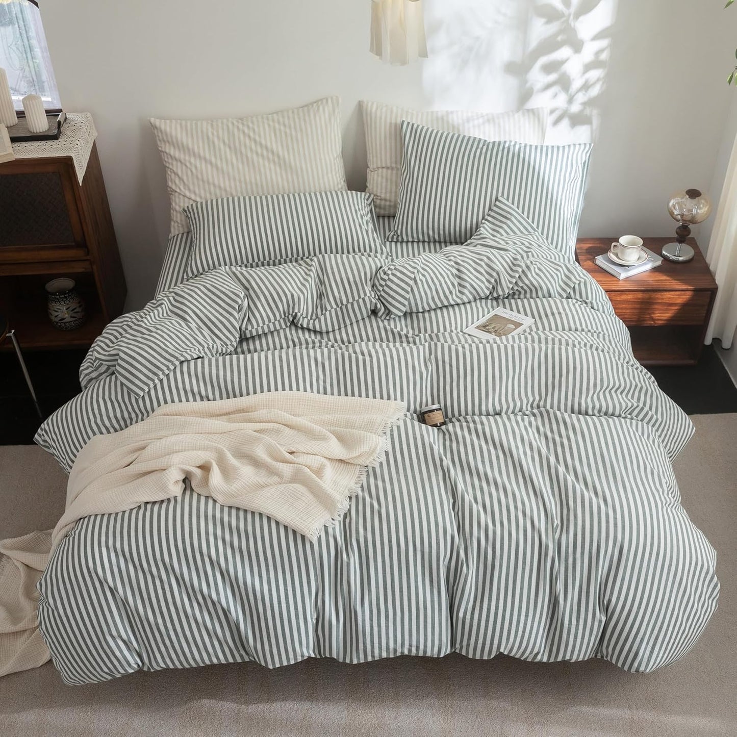 FOSSA Striped Duvet Cover Set 100% Washed Cotton Linen Feel Super Soft Breathable Cozy 3 Pieces Bedding Sets Heathered Green Classic Stripes Queen