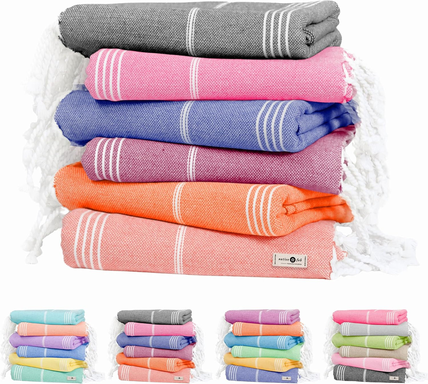 Native Fab Turkish Beach Towels - 6 Oversized Towel (40"x71"), Soft, Lightweight & Absorbent, 100% Cotton, Sand Free, Quick Drying, Ideal for Summer, Pool, Spa, Gym & Outdoors - Multicolor 6 Towels