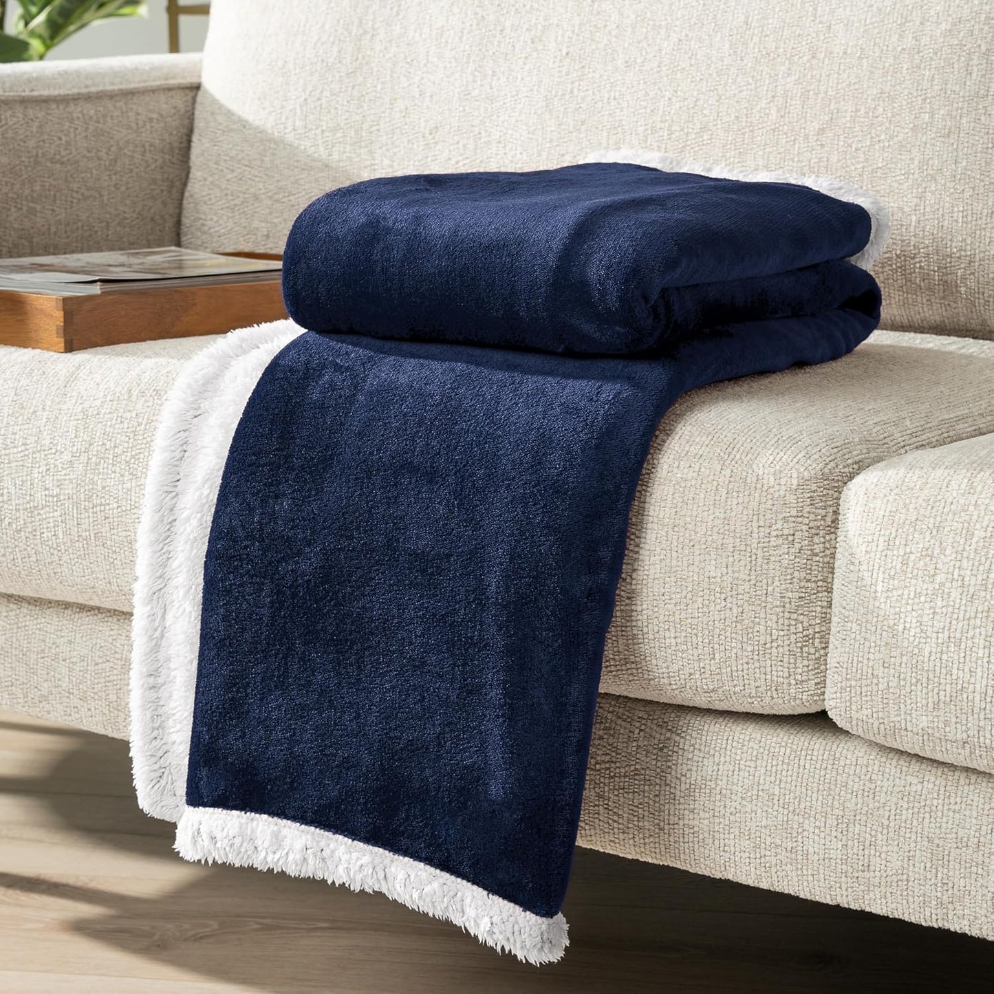 Pavilia Sherpa Fleece Blanket - Queen Size, Navy Blue, Plush Soft Fuzzy, Reversible Winter Blanket for Women & Men, 90x90 Inches