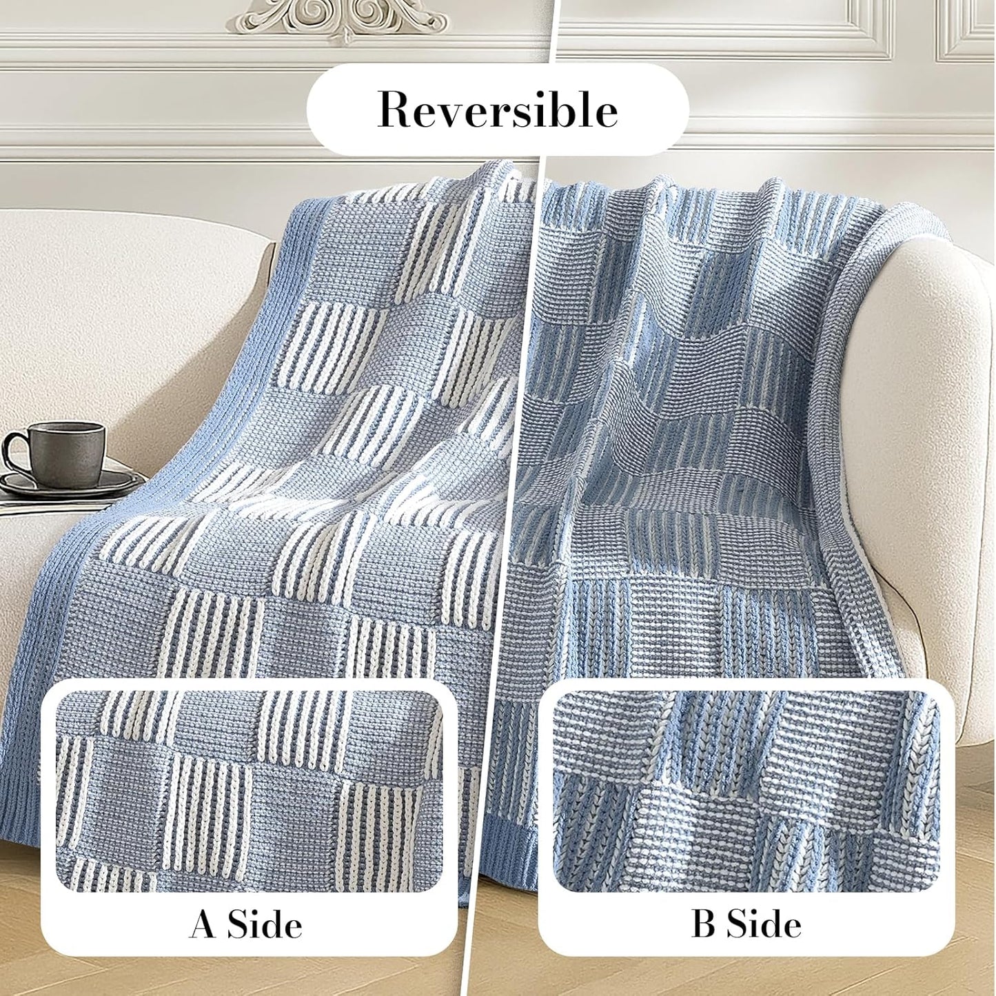 Amélie Home Checkered Knit Throw Blanket for Couch, Chenille Texture Decorative Soft Blanket for Sofa & Chair, 50"x60", Blue & White