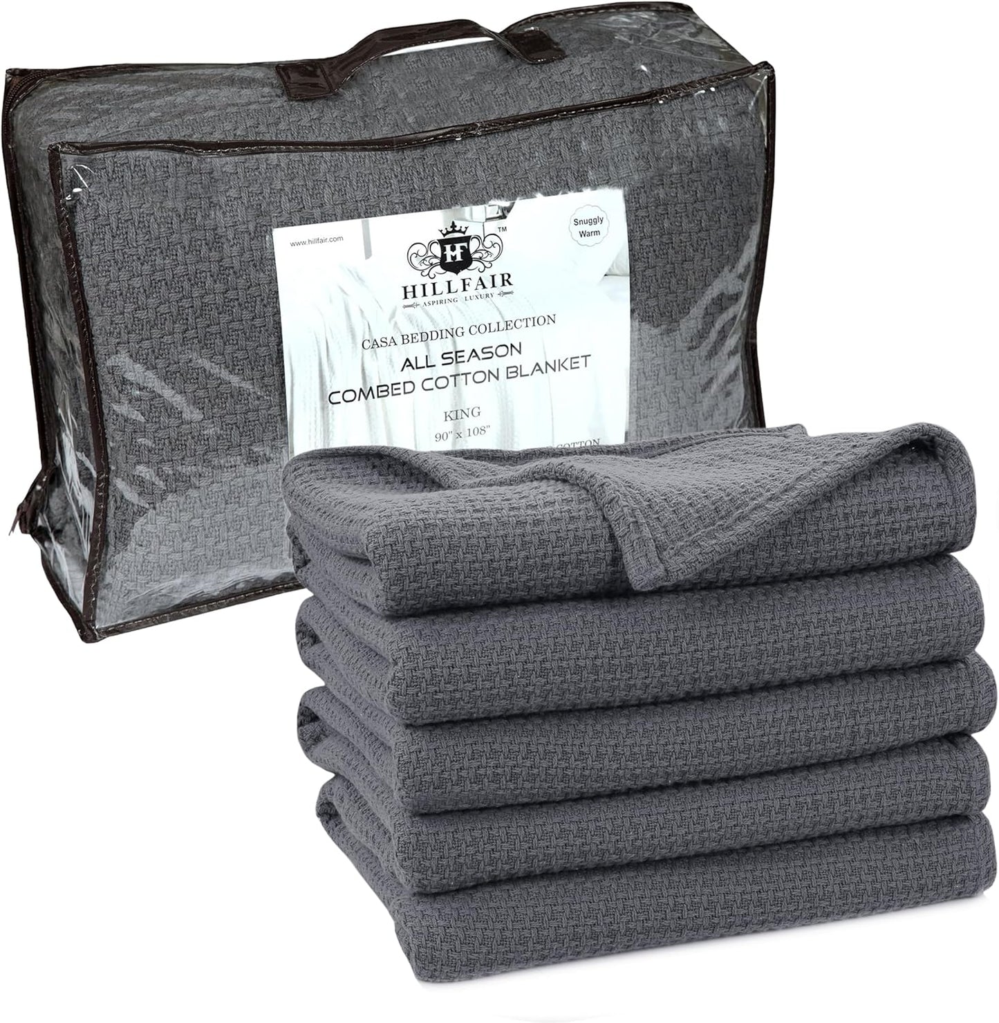 HILLFAIR 100% Cotton Blanket- 120" x 120" XXL Oversized King Bed Blankets - Family Size 10 ft x 10 ft Big - All Season Soft Cozy Breathable Blankets for Bed - Extra Large King Cotton Blanket- Grey