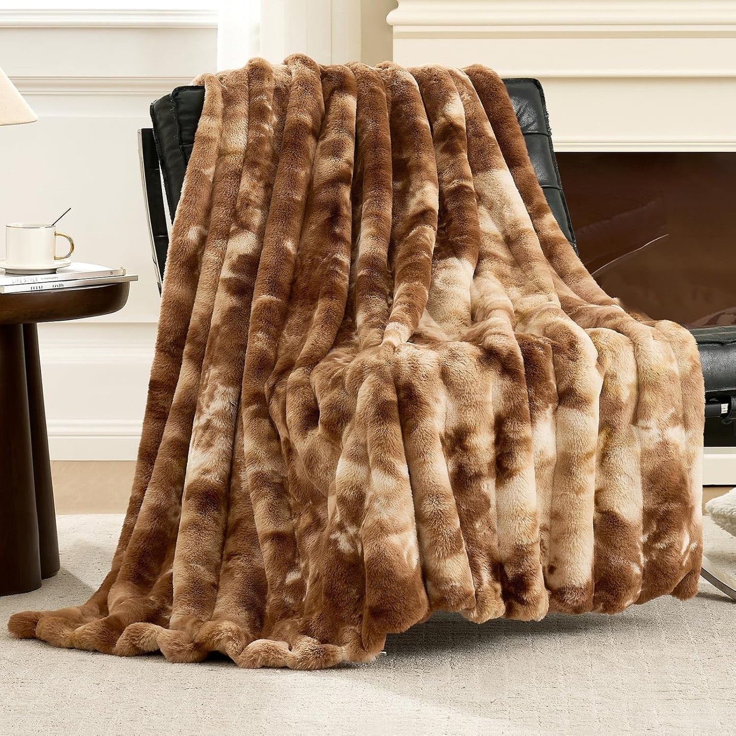 Cozy Bliss Faux Fur Throw Blanket for Couch, Fuzzy Soft Plush Thick Striped Blanket for Sofa Bedroom Living Room, 50 * 60 Inches Tie-dye Brown