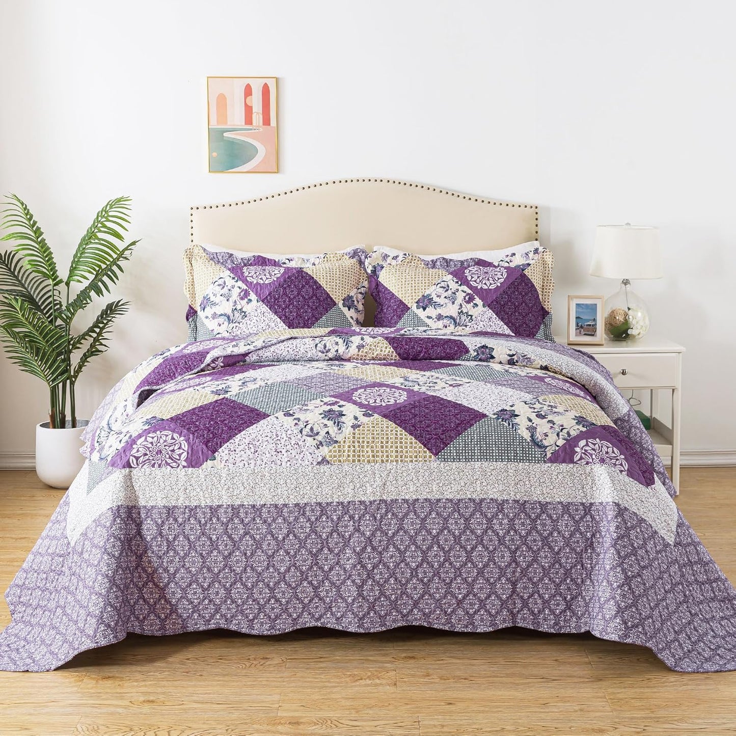 HoneiLife Queen Size Quilt Sets - 3 Pieces Queen Quilt Bedding Set Microfiber Quilt Set Lightweight Bedspreads Reversible Coverlets Retro Bed Cover Floral Bedding Set All Season Quilts-Beige & Purple