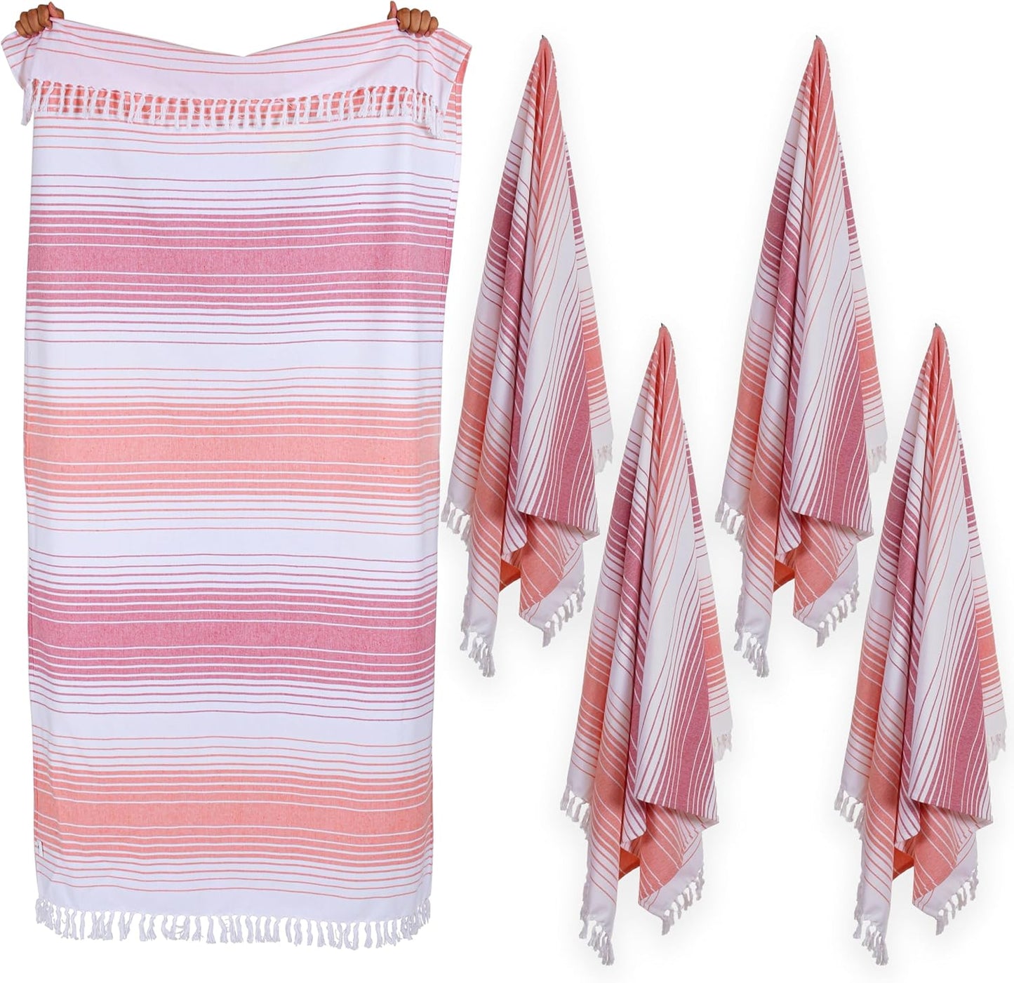 Native Fab Oversized Beach Towel, 4 Pack, 40x71 inches 100% Cotton Turkish Peshtemal for Adults,Soft & Absorbent, Extra Large Beach Towel for Hammam Spa Beach Blanket Bath, Cabana Strips, Red Orange