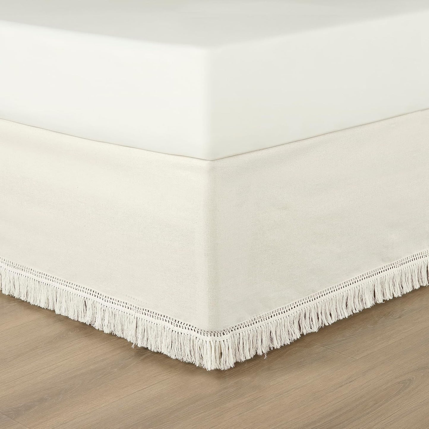 Lush Decor Boho Fringe 15-Inch Tailored Drop Easy Fit Bedskirt, Queen, Off-White