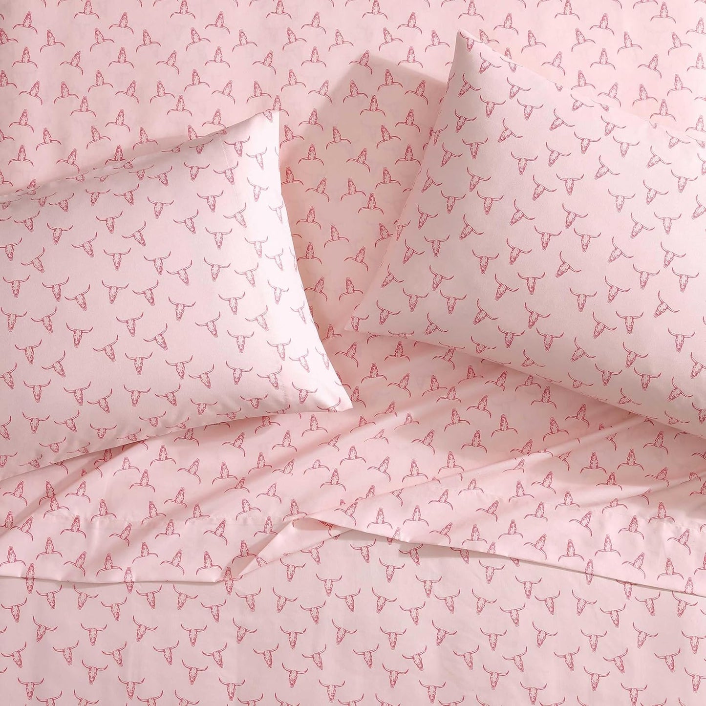 Wrangler - King Bed Sheets, Ultra-Soft & Lightweight Bedding with Matching Pillowcases, Lightweight Bed Set for All Season Comfort, Oeko-Tex Certified (Steer Skulls Pink)