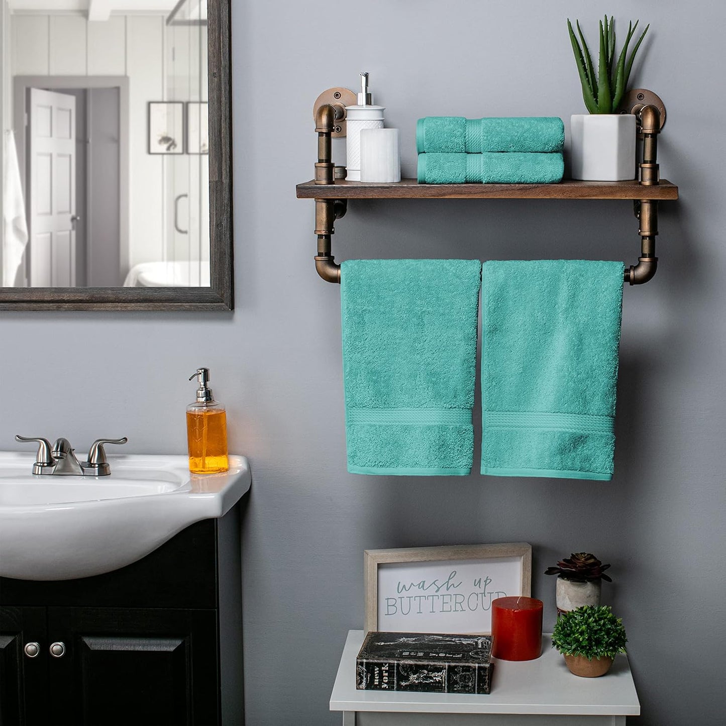 Superior Egyptian Cotton Pile Hand Towel Set of 4, Ultra Soft Luxury Towels, Thick Plush Essentials, Absorbent Heavyweight, Guest Bath, Hotel, Spa, Home Bathroom, Shower Basics, Turquoise
