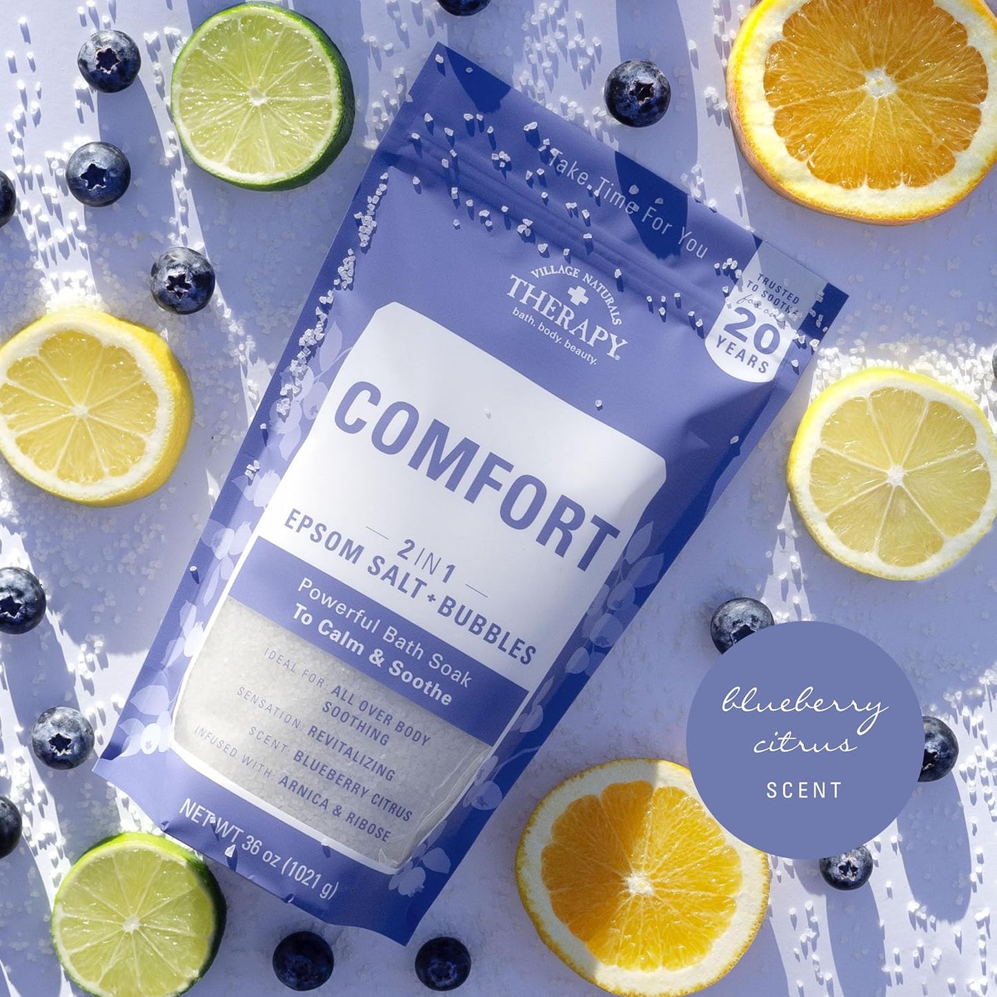 Village Naturals Therapy Comfort Foaming Bath Soak, Blueberry Citrus Scent, 36 oz, Pack of 2