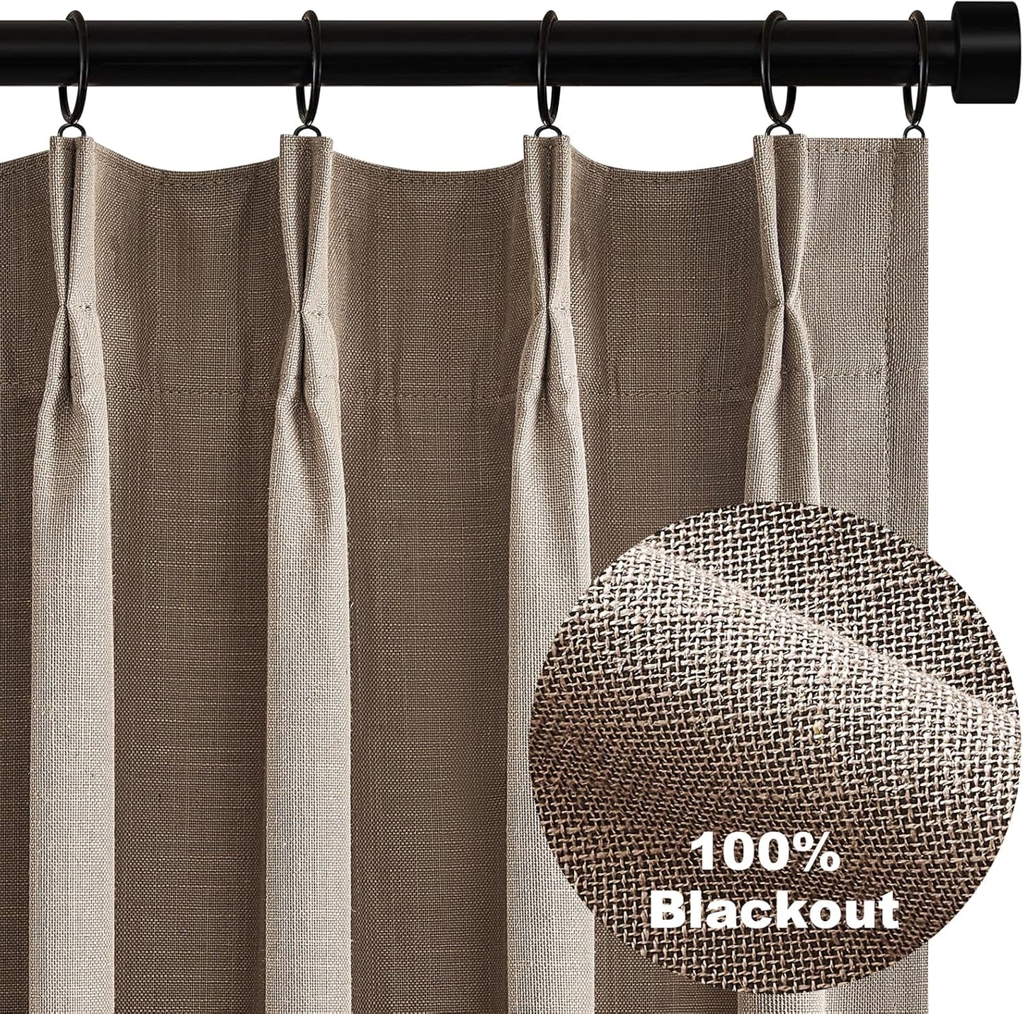 Topfinel 100 Inch Long Black Out Burlap Custom Curtains, Taupe Greige Tweed Pleated Window Coverings, Pinch Pleated Boho Farmhouse Heat Sound Block Back Tab Curtains for Sliding Door Bay Window