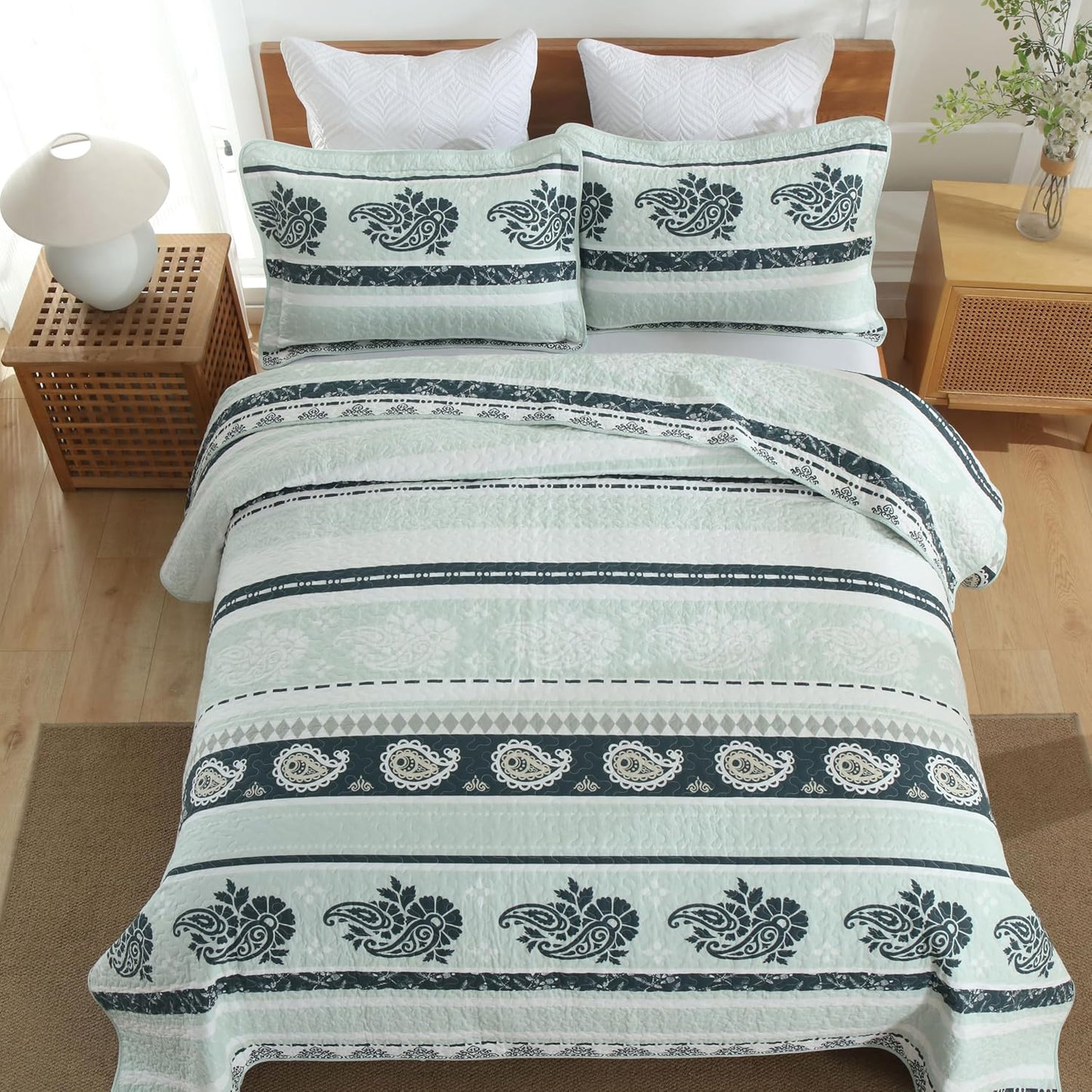 Green Queen Comforter Set, Cotton Quilt, Green Bedding Comforter Sets, Striped Pattern Queen Bedspread, Lightweight Reversible Coverlet All Season