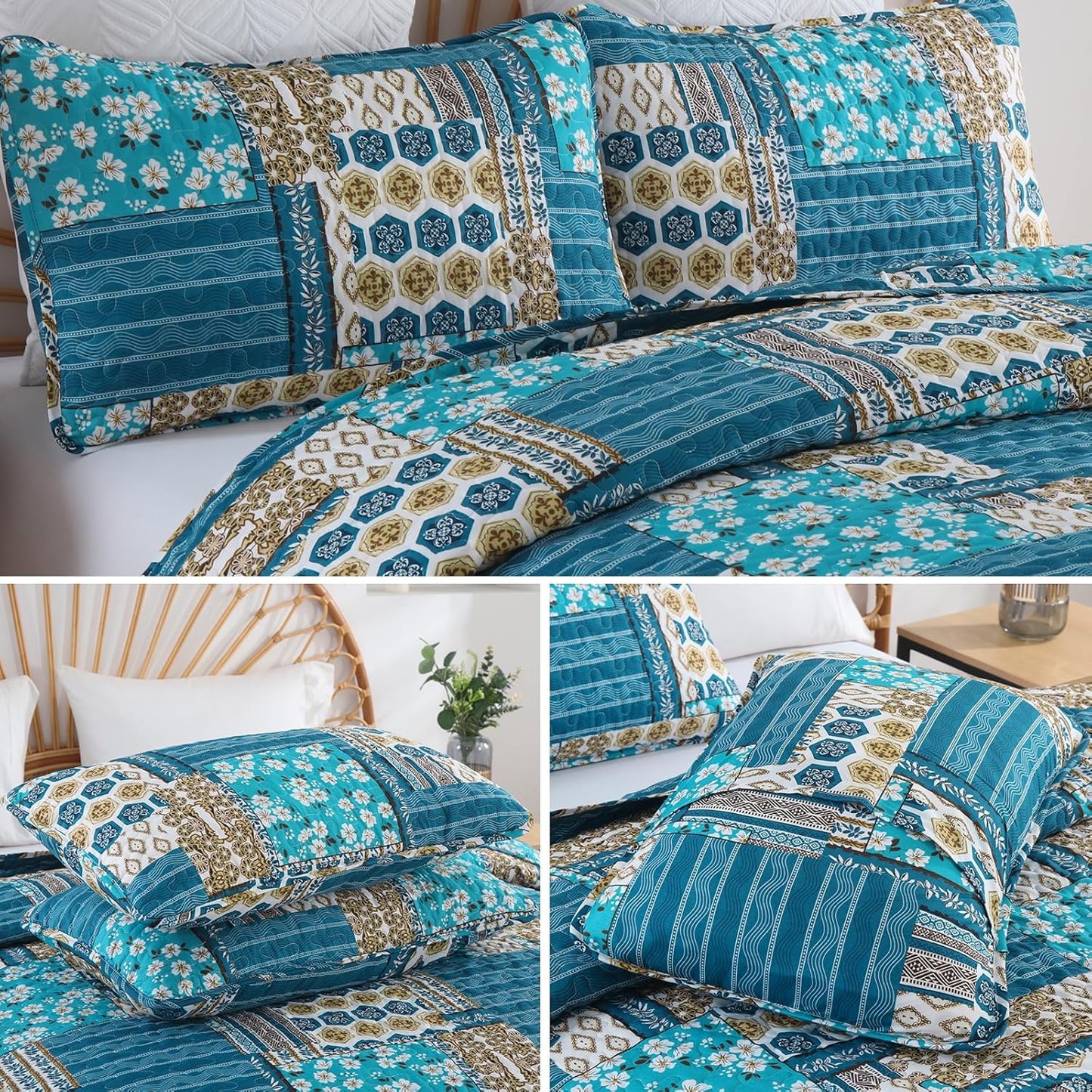 Mybedsoul Dusty Blue Quilt Set Queen Size, 3 Pieces Plaid Floral Bedspread Set Patchwork Reversible Bedding Set Microfiber Lightweight Bedspread Coverlet Set for All Season 96"x90"