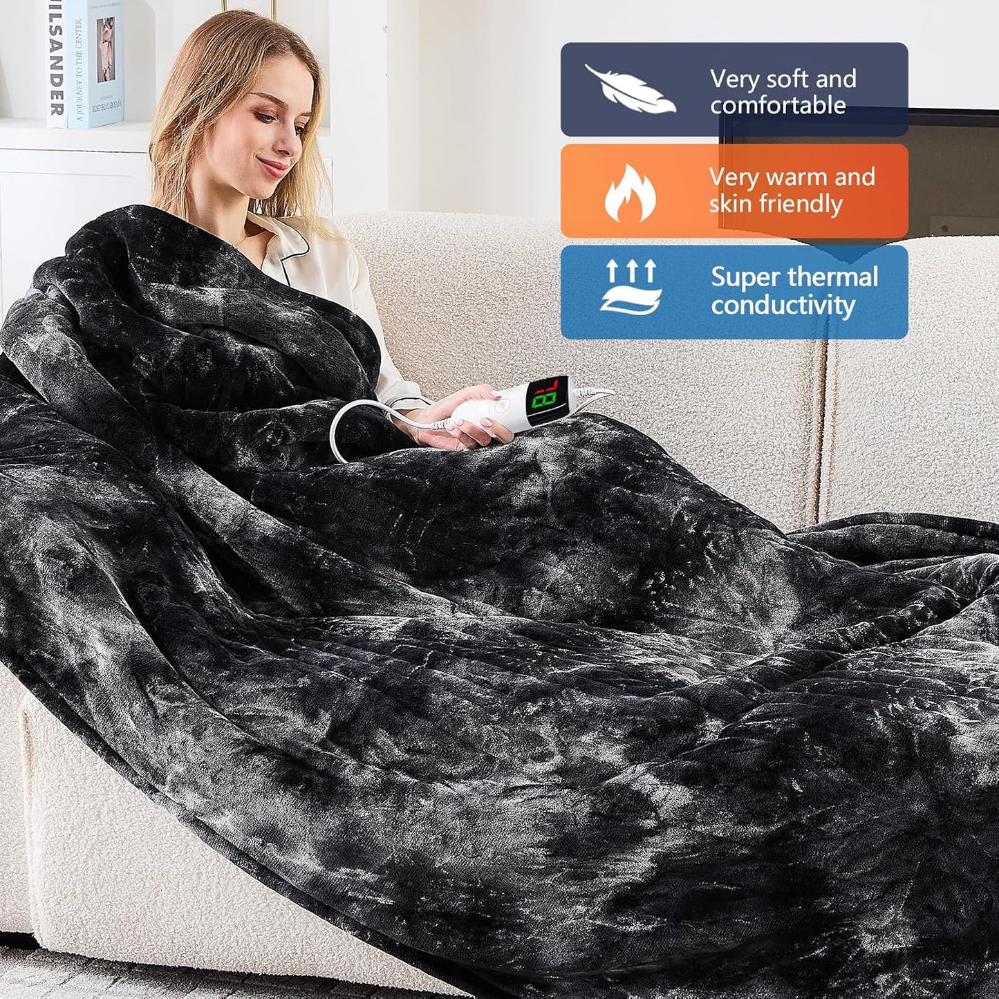 greenoak Heated Electric Blanket Full, Faux Fur Sherpa Heating Blanket for Sofa Bed, Warm Winter Gifts for Women/Men, Heater Lap Blankets 5-Position Timer &10 Heating Levels 72''*84" Black
