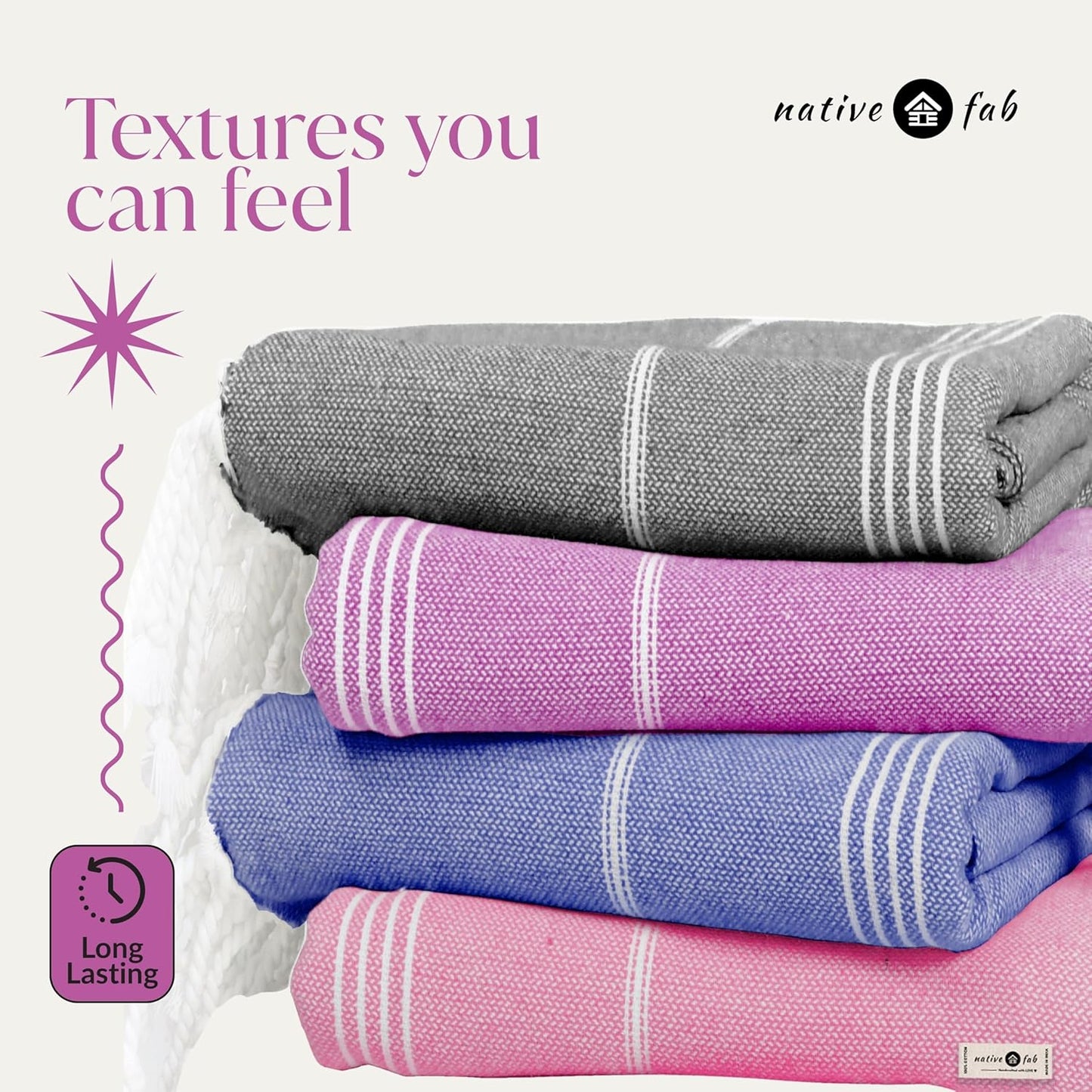 Native Fab Oversized Turkish Towels 4 Pack, Quick Dry, Lightweight, Durable, Absorbent, Sand Resistant, Multipurpose for Pool, Bath, Spa, Travel, Summer - Pink, Magenta, Indigo Blue, Grey