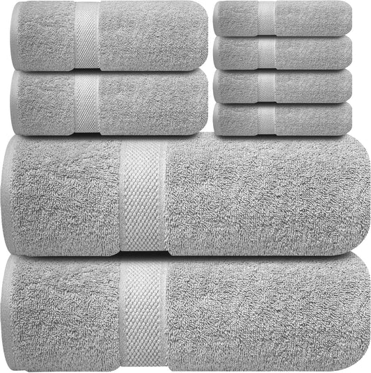 Infinitee Xclusives Luxury 100% Cotton Towel Set – 8 Piece Bathroom Towel Set (2 Bath Towels, 2 Hand Towels, 4 Washcloths) – Soft & Absorbent Towels for Bathroom (Charming Grey)
