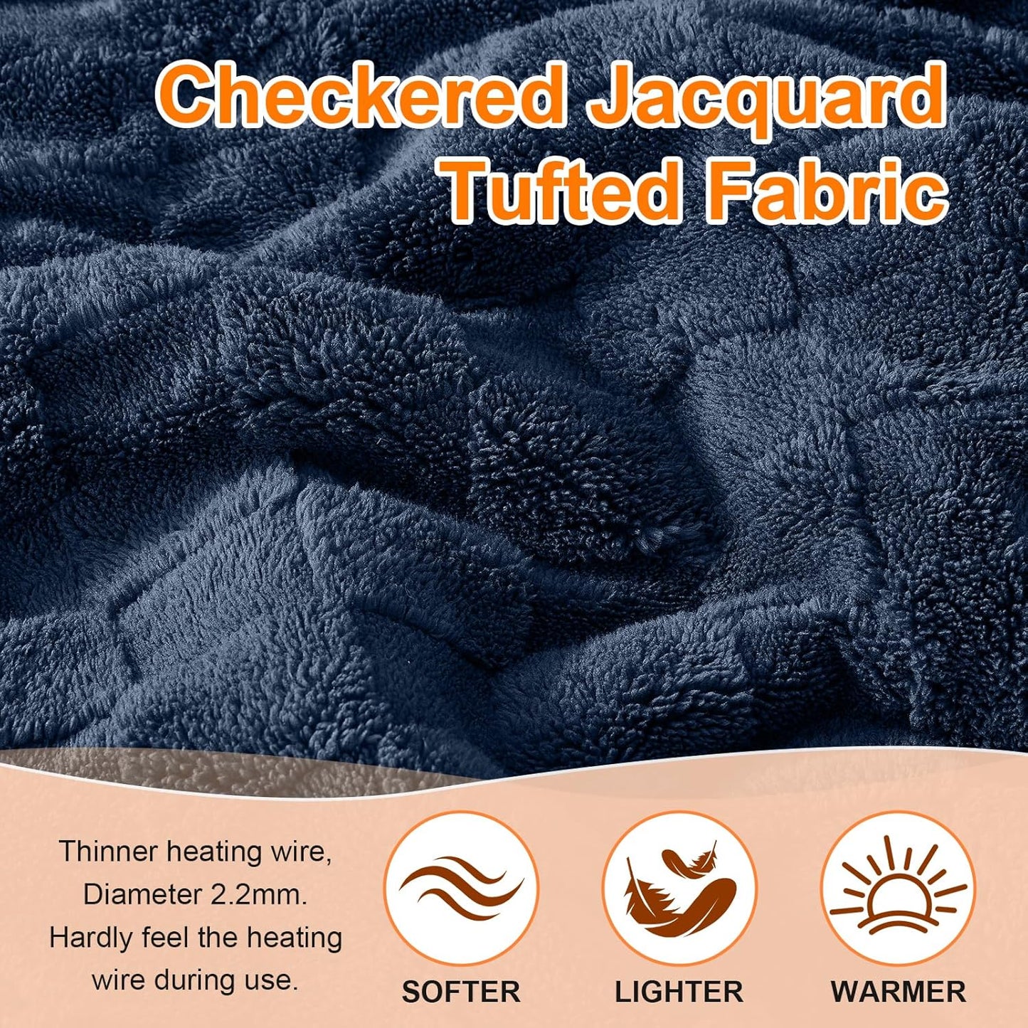 Electric Heated Blanket Twin Size - Jacquard Checkered Sherpa 62"x84" Fast Heating Bed Blankets with 6 Heating Levels & 10 Hours Auto Off, Over-Heat Protection ETL, Navy Blue