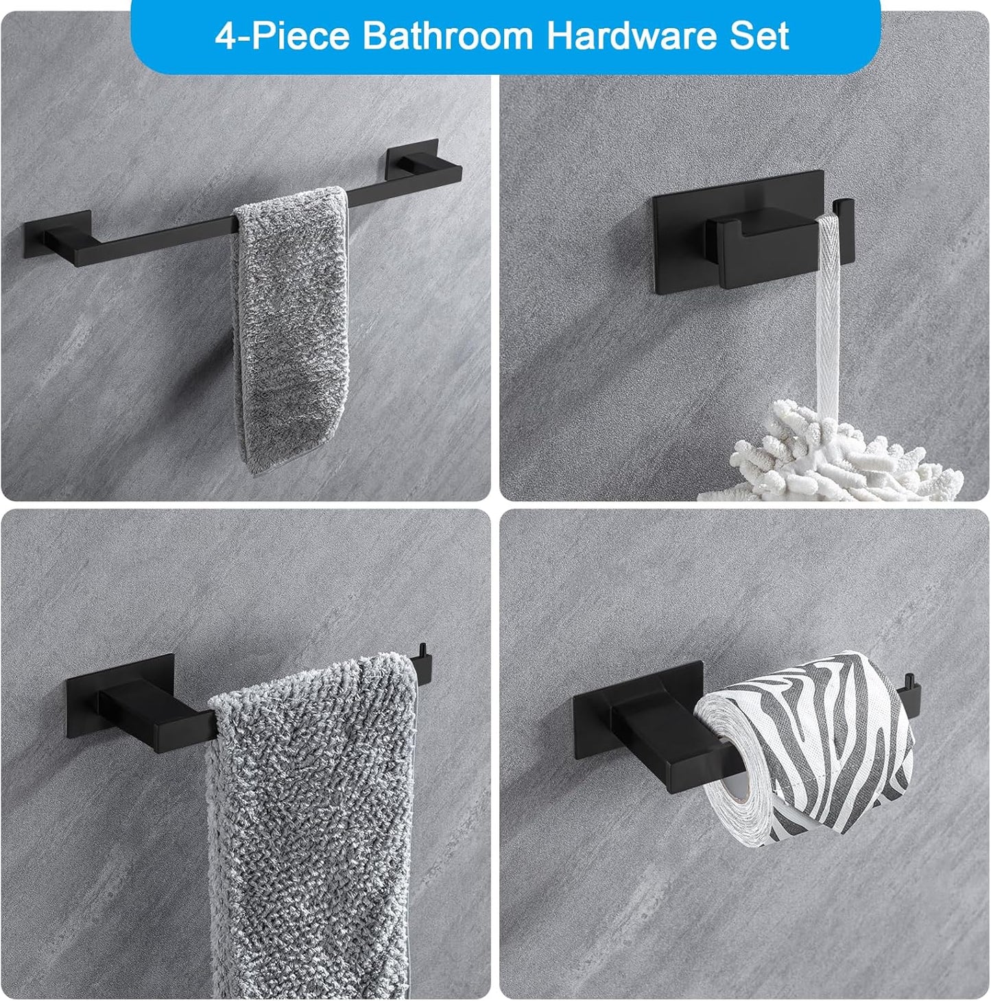 4-Pieces Bathroom Hardware Accessories Set, Towel Rack Towel Bar Toilet Paper Holder Towel Hook Self Adhesive Stainless Steel Towel Rack Set for Bathroom Wall Mounted, Matte Black 23 Inch