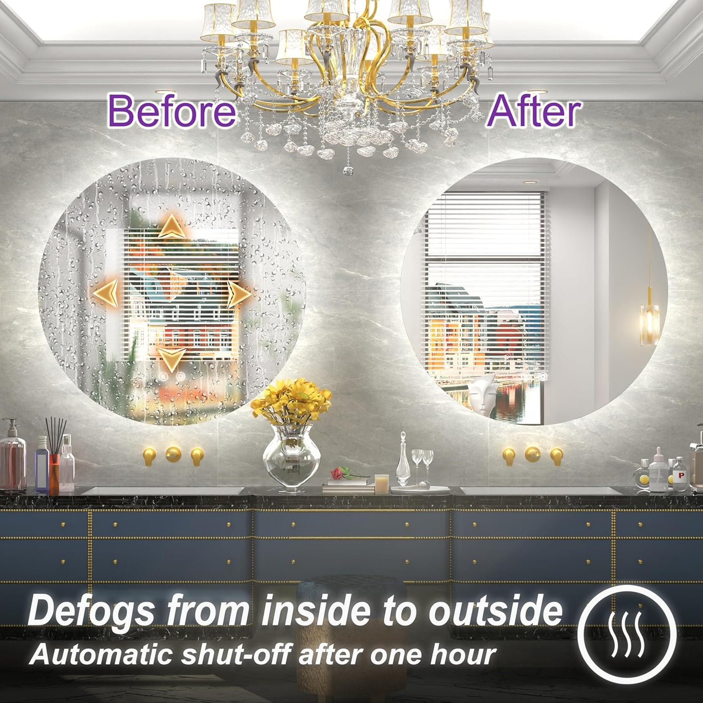 36 Inch Frameless Round LED Bathroom Mirror with Lights, 3 Color Temperatures (3000K/4500K/6000K), Anti-Fog, Dimmable Backlit, Round Vanity Mirror with Lights Wall Mounted