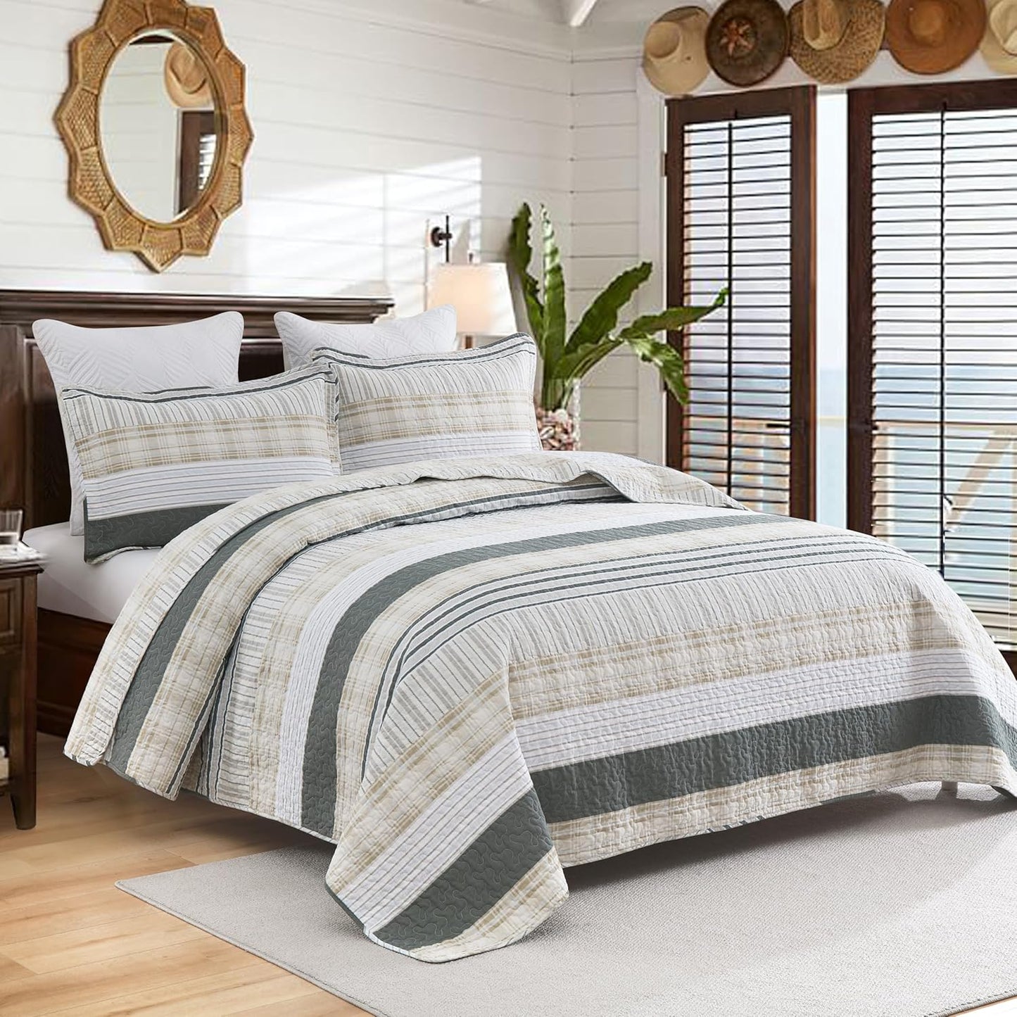 Homzard Quilt King Size - Cotton King Size Comforter,Beige Grey Plaid Bedding Set,Striped Bedspread Set(106 * 98 Inches),3 Piece